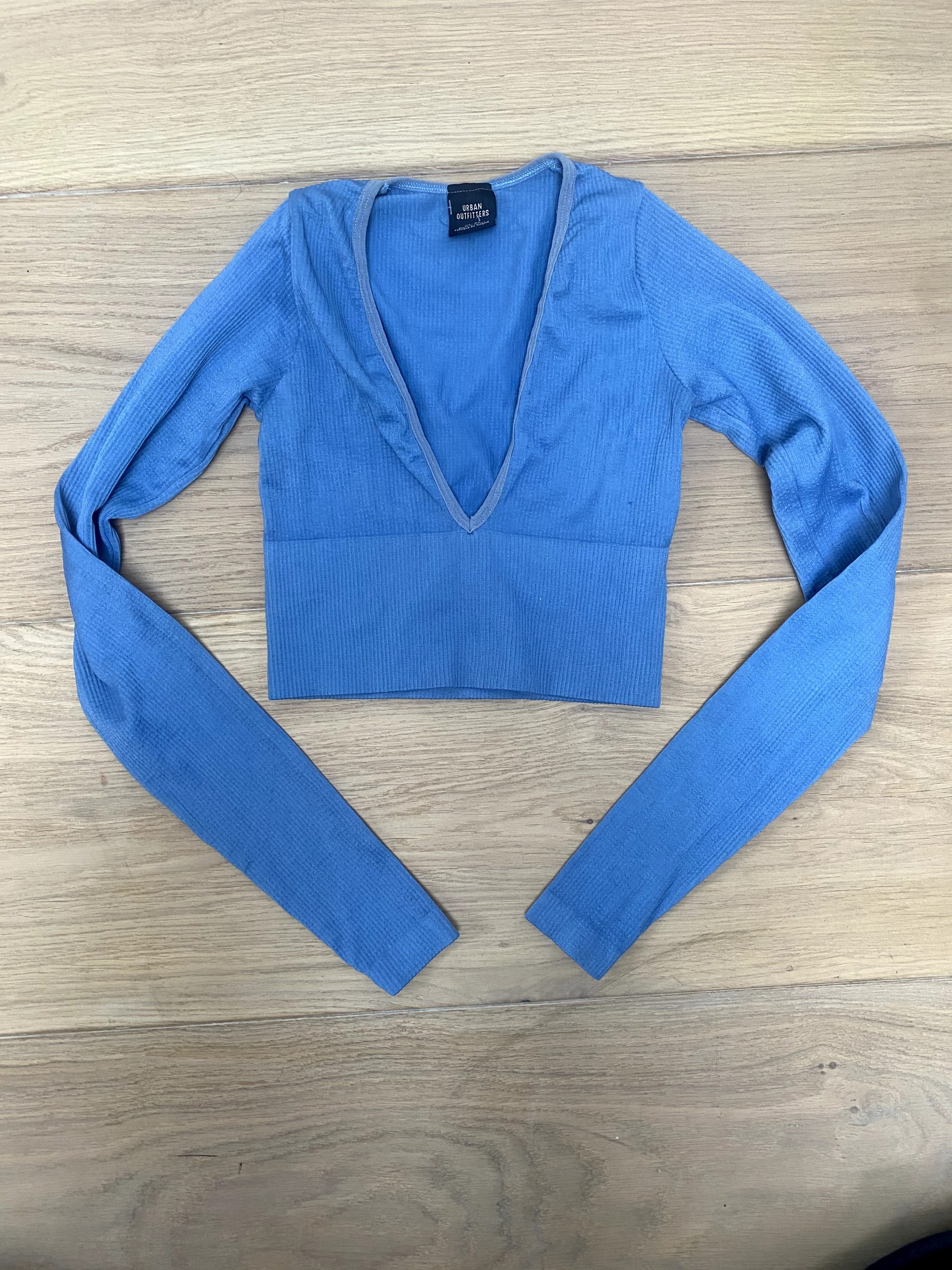 Urban Outfitters Blue Ribbed Crop Top XS Deep V-Neck image 2
