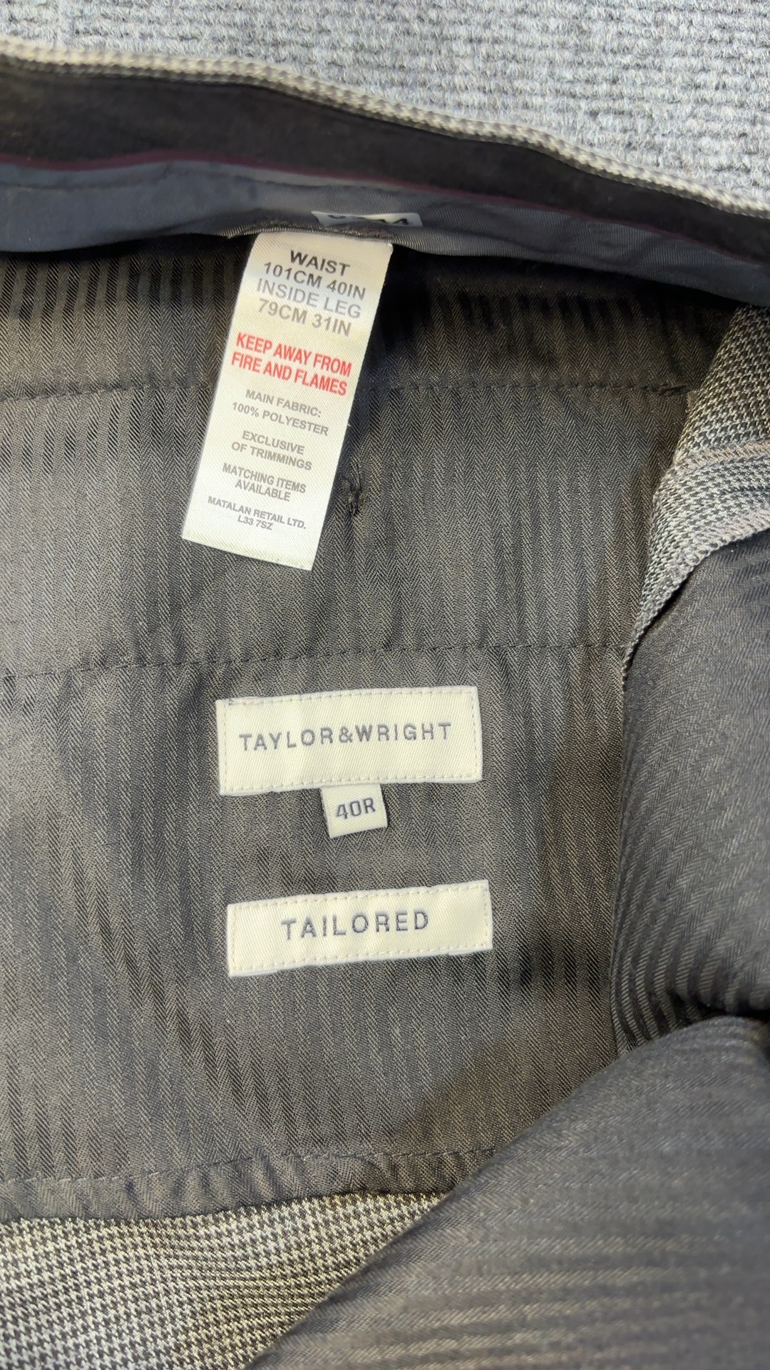 Taylor & Wright Grey Tailored Trousers 40R Polyester image 3