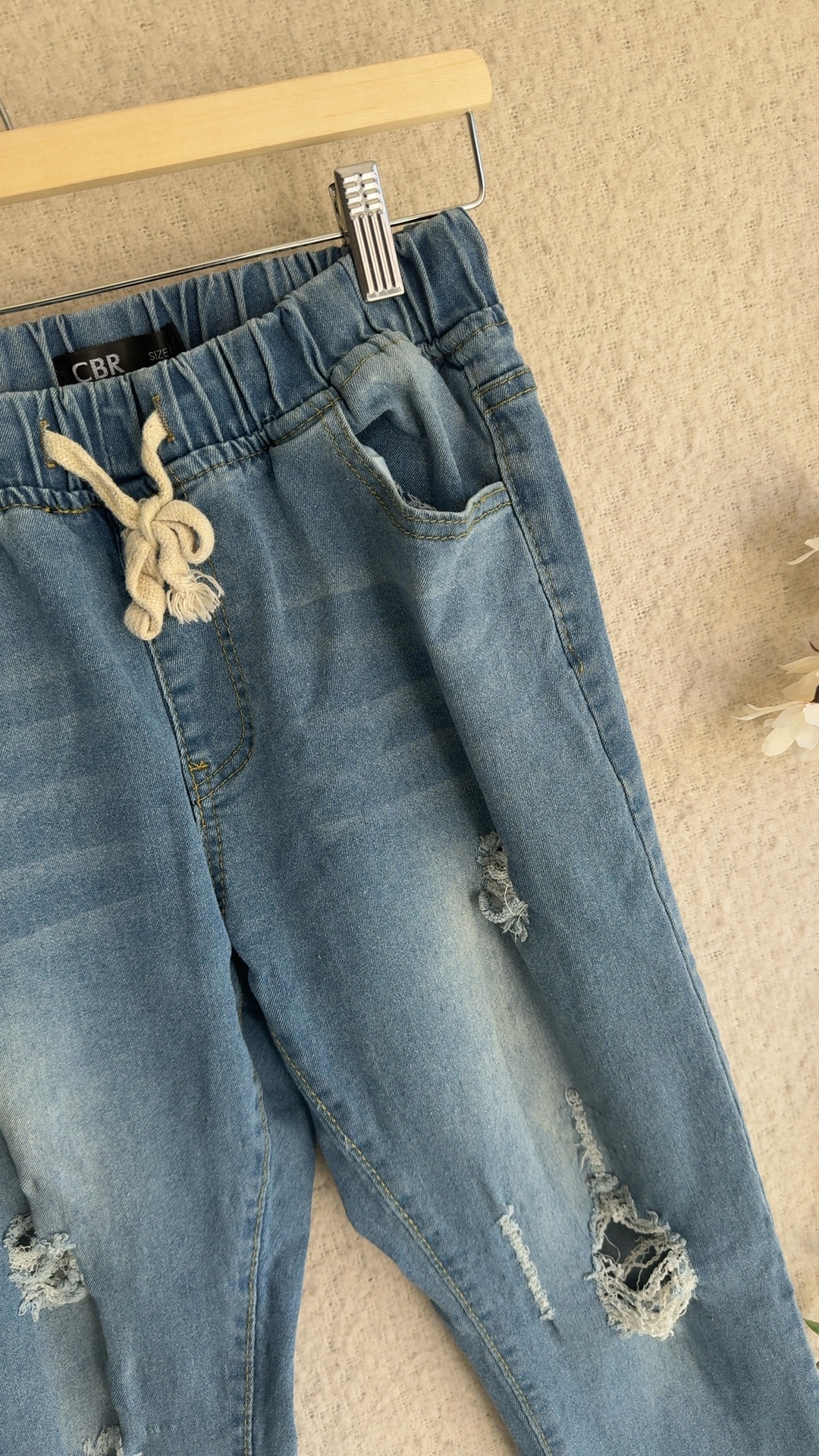 CBR Blue Distressed Denim Skinny Jeans Large Elasticated Waist UK L Stylish image 6