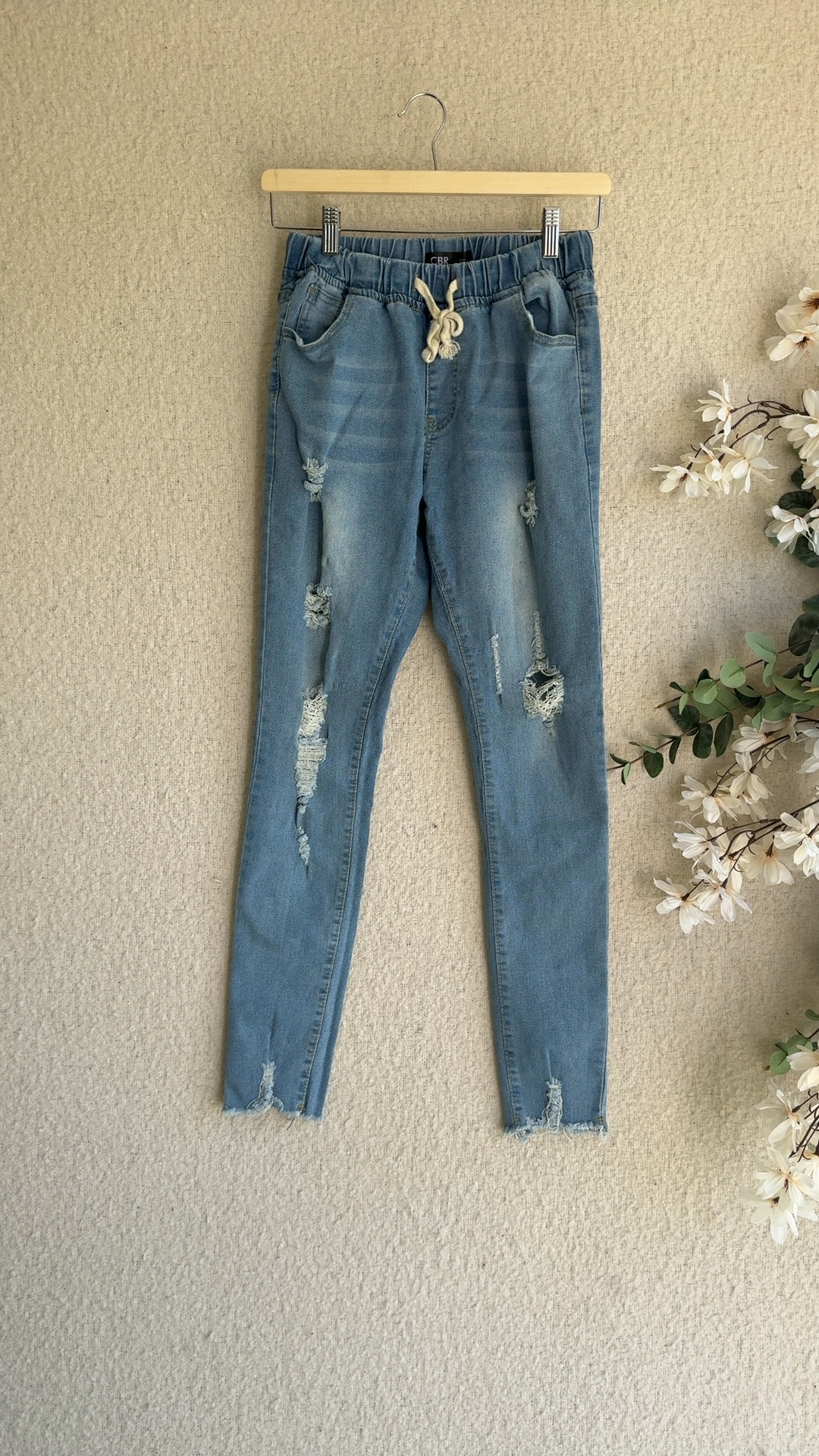 CBR Blue Distressed Denim Skinny Jeans Large Elasticated Waist UK L Stylish