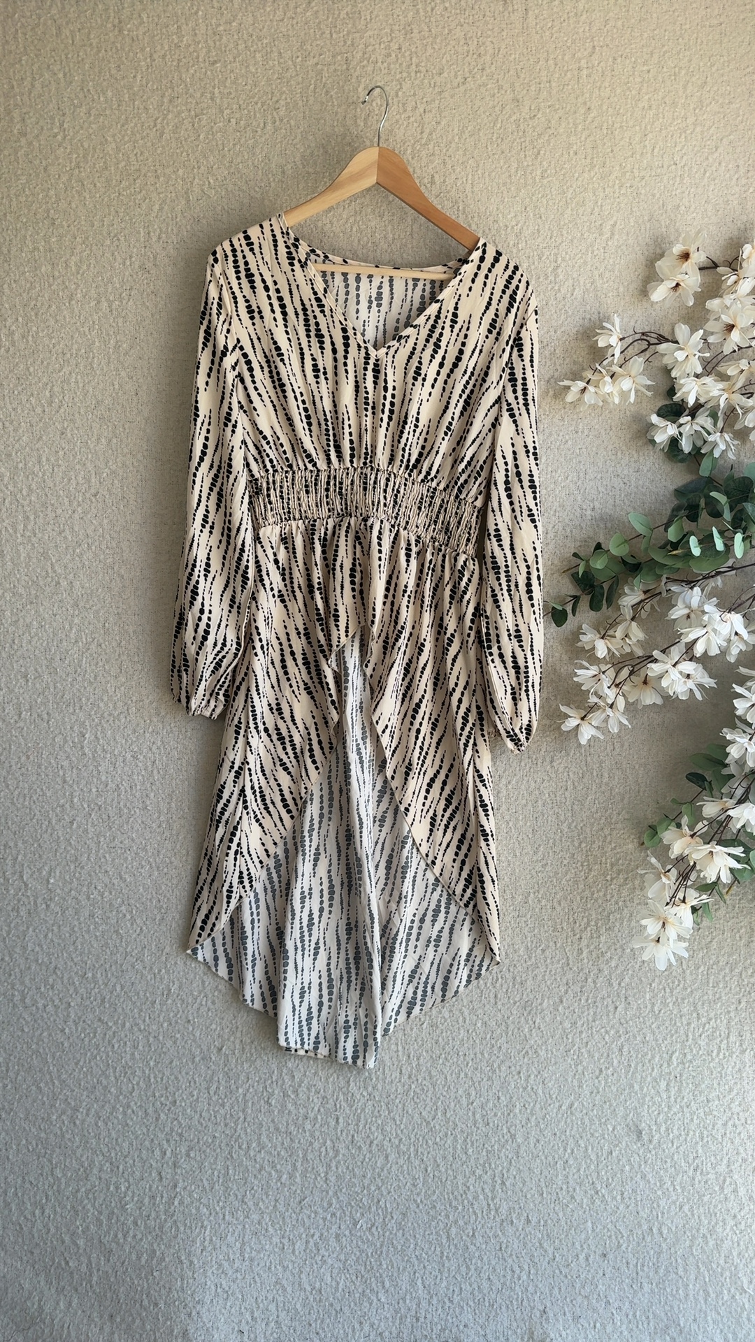 Cream & Black Patterned Long Sleeve Dress UK Medium Elegant Casual Stylish image 3