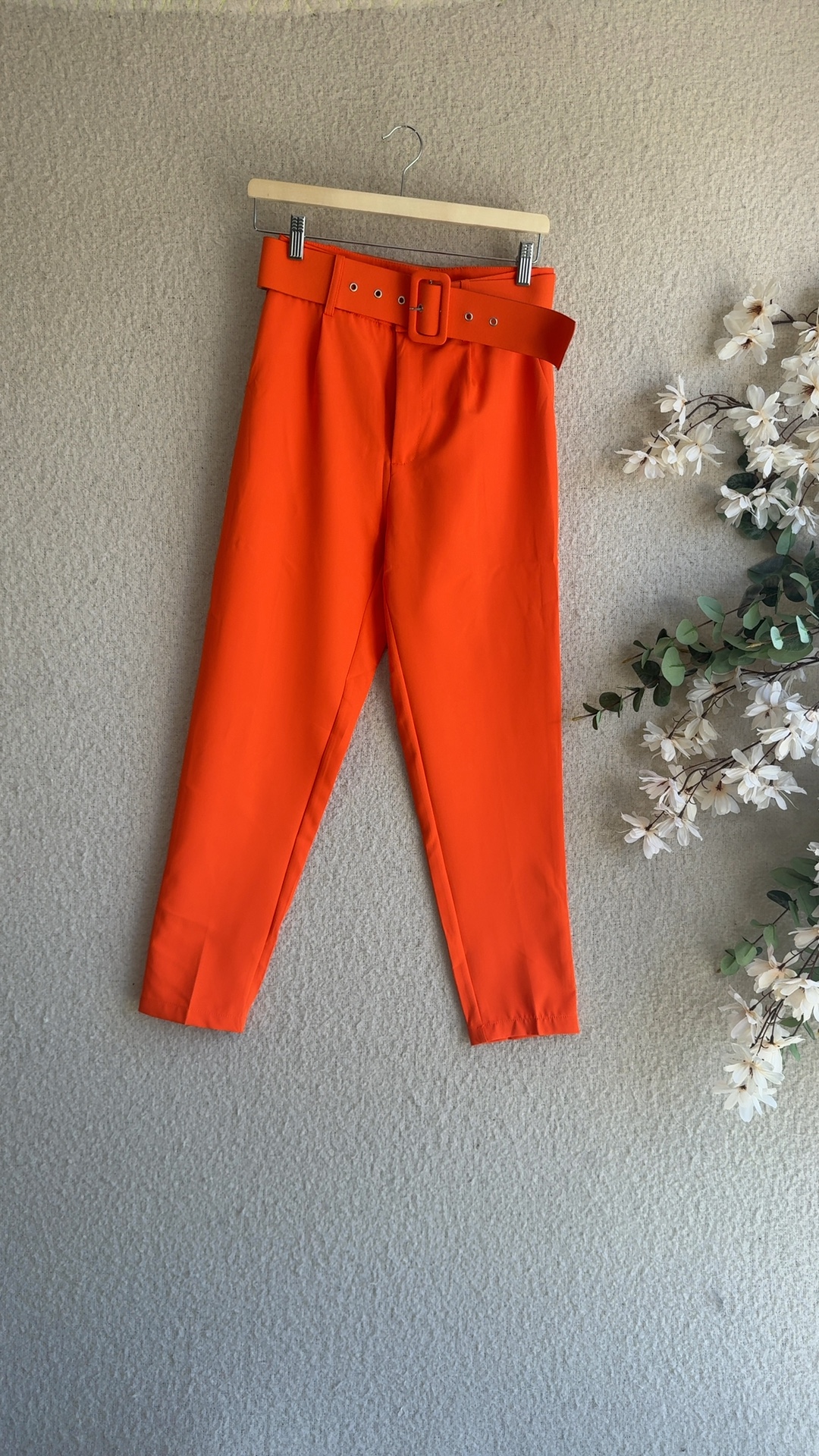 Shein Orange Belted Trousers UK 10 Stylish High Waist Slim Fit