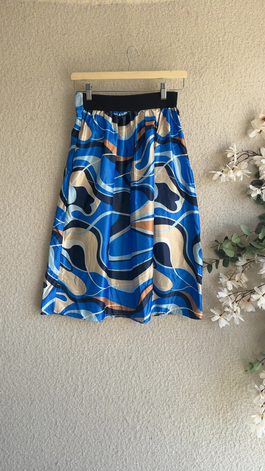 Vanis Blue & Beige Abstract Print Midi Skirt UK Medium Elegant Patterned image 4