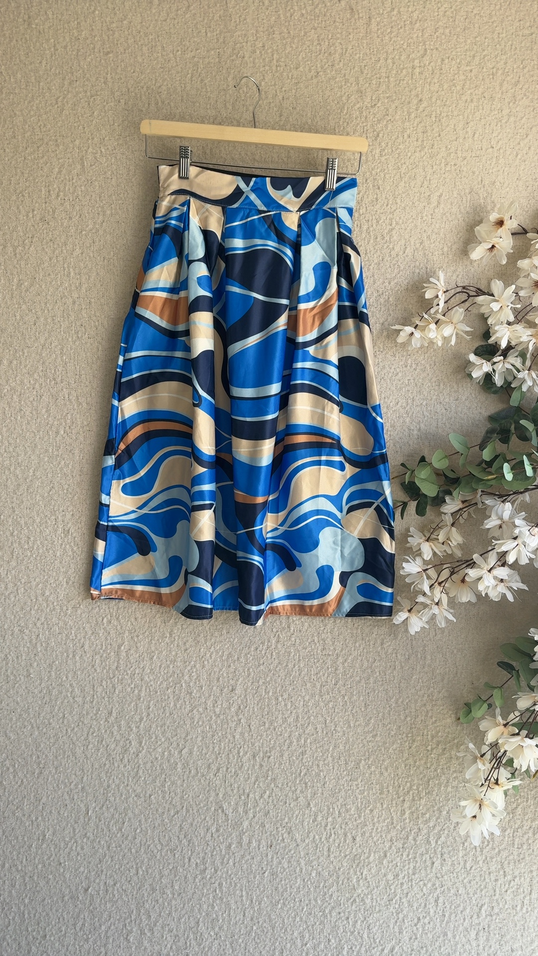 Vanis Blue & Beige Abstract Print Midi Skirt UK Medium Elegant Patterned