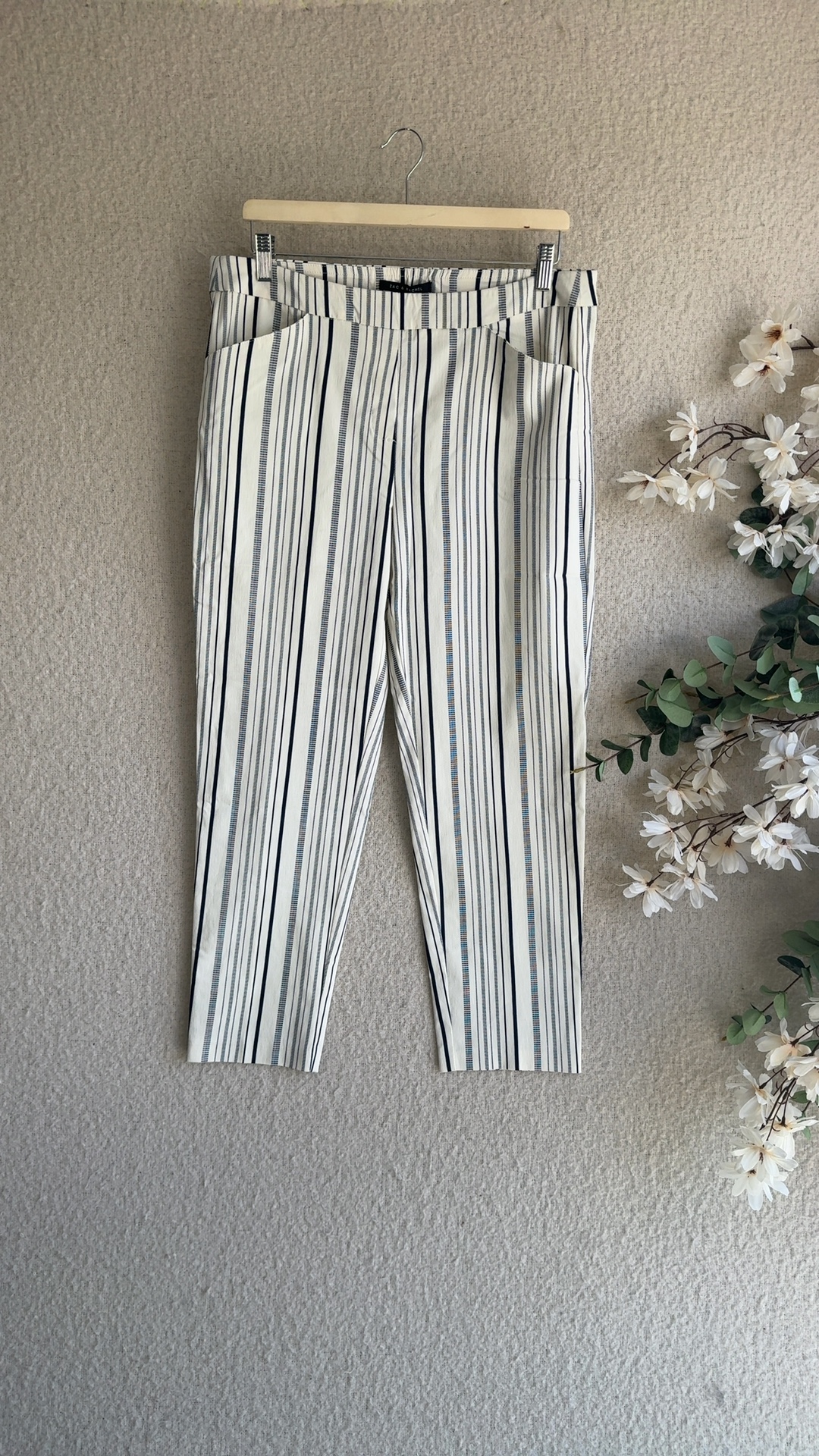 Zac & Rachel White Navy Striped Tapered Trousers UK 14 Stylish Workwear
