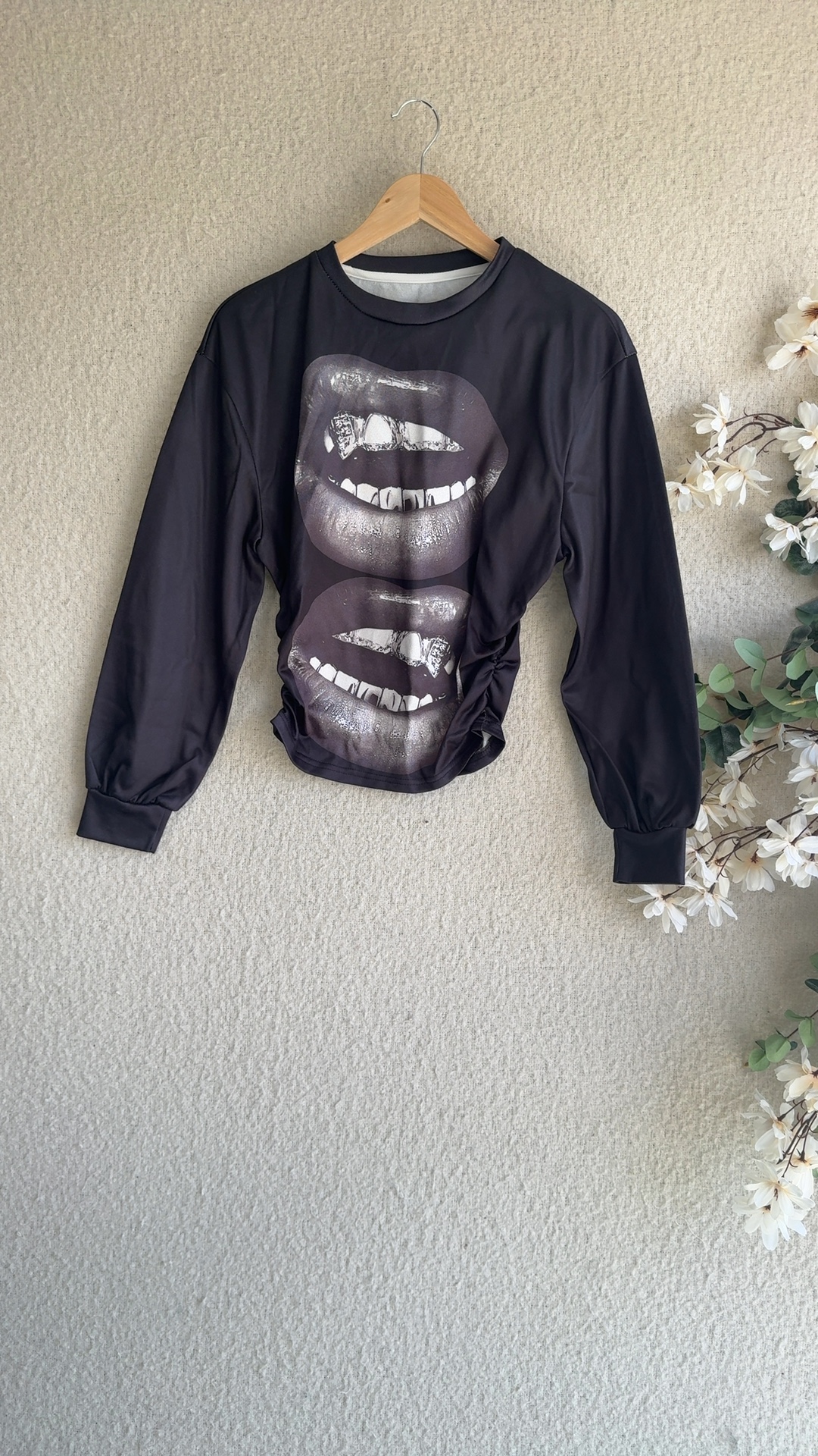 Shein Black Long Sleeve Graphic Top Small Ruched Detail Casual Streetwear