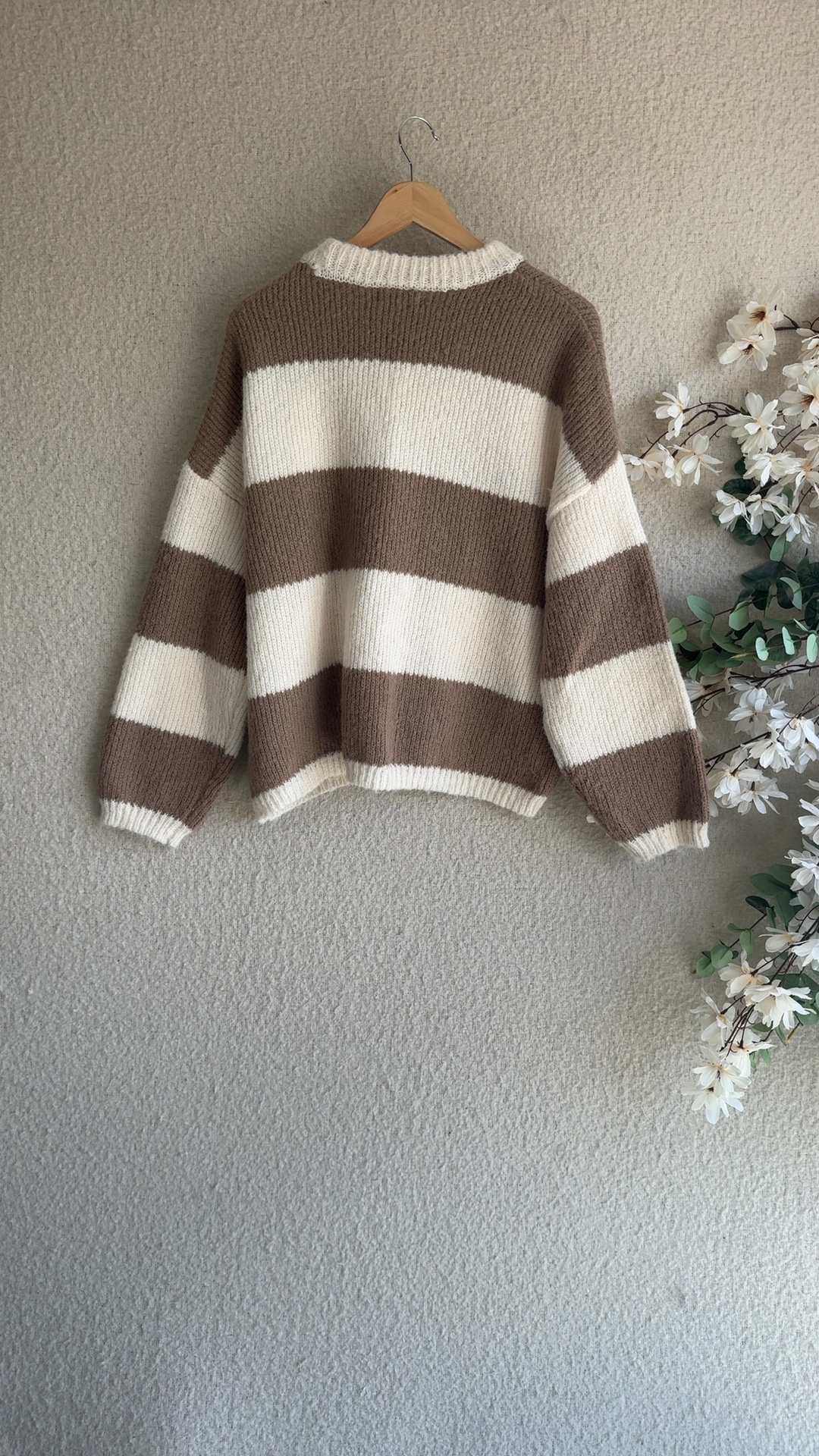 F&F Brown & White Stripe Chunky Knit Jumper UK Large Soft Wool Blend Sweater image 4