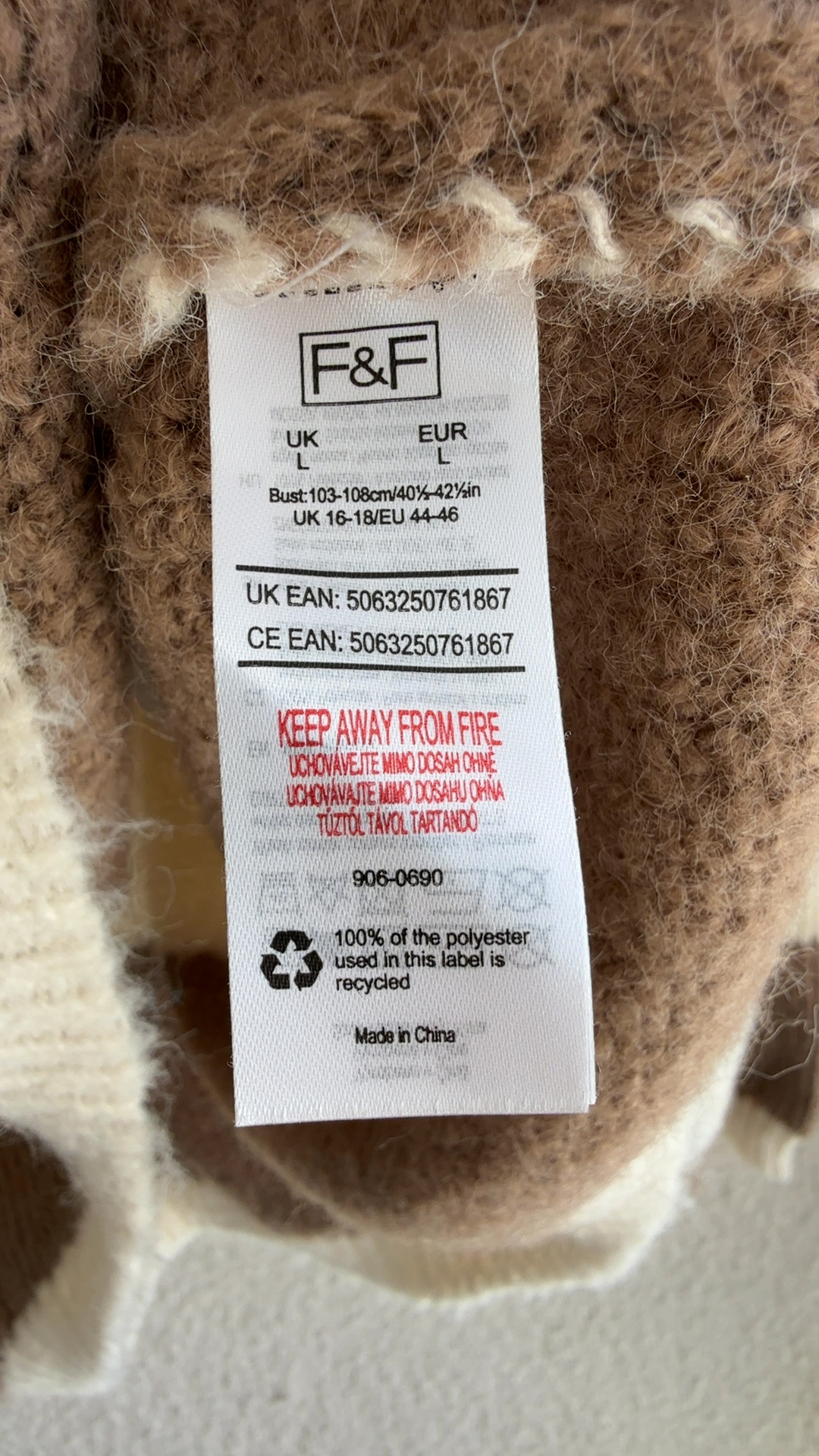 F&F Brown & White Stripe Chunky Knit Jumper UK Large Soft Wool Blend Sweater image 6