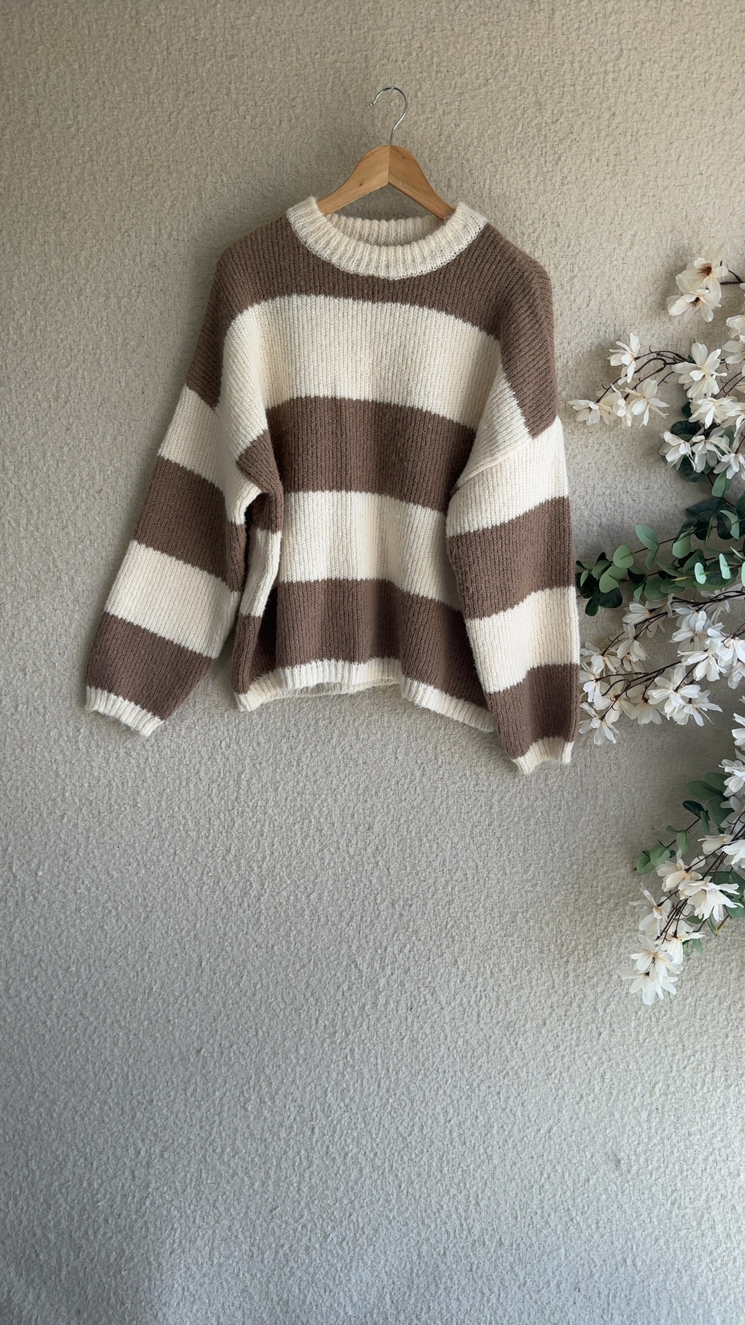 F&F Brown & White Stripe Chunky Knit Jumper UK Large Soft Wool Blend Sweater