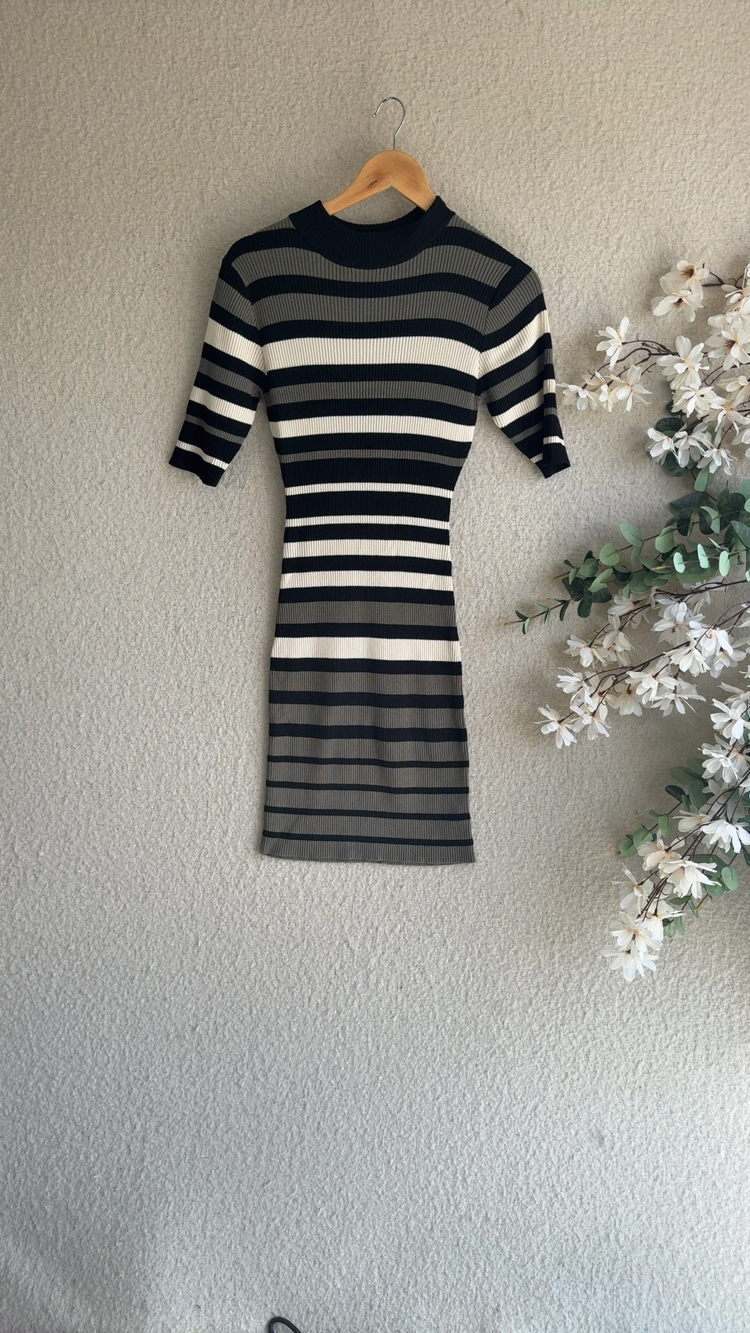 Apricot Black & Beige Stripe Ribbed Knit Dress UK 14 Elegant Stretchy