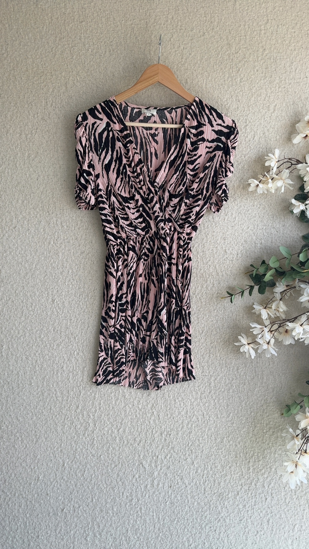 River Island Pink & Black Zebra Print Pleated Dress UK 14 Petite