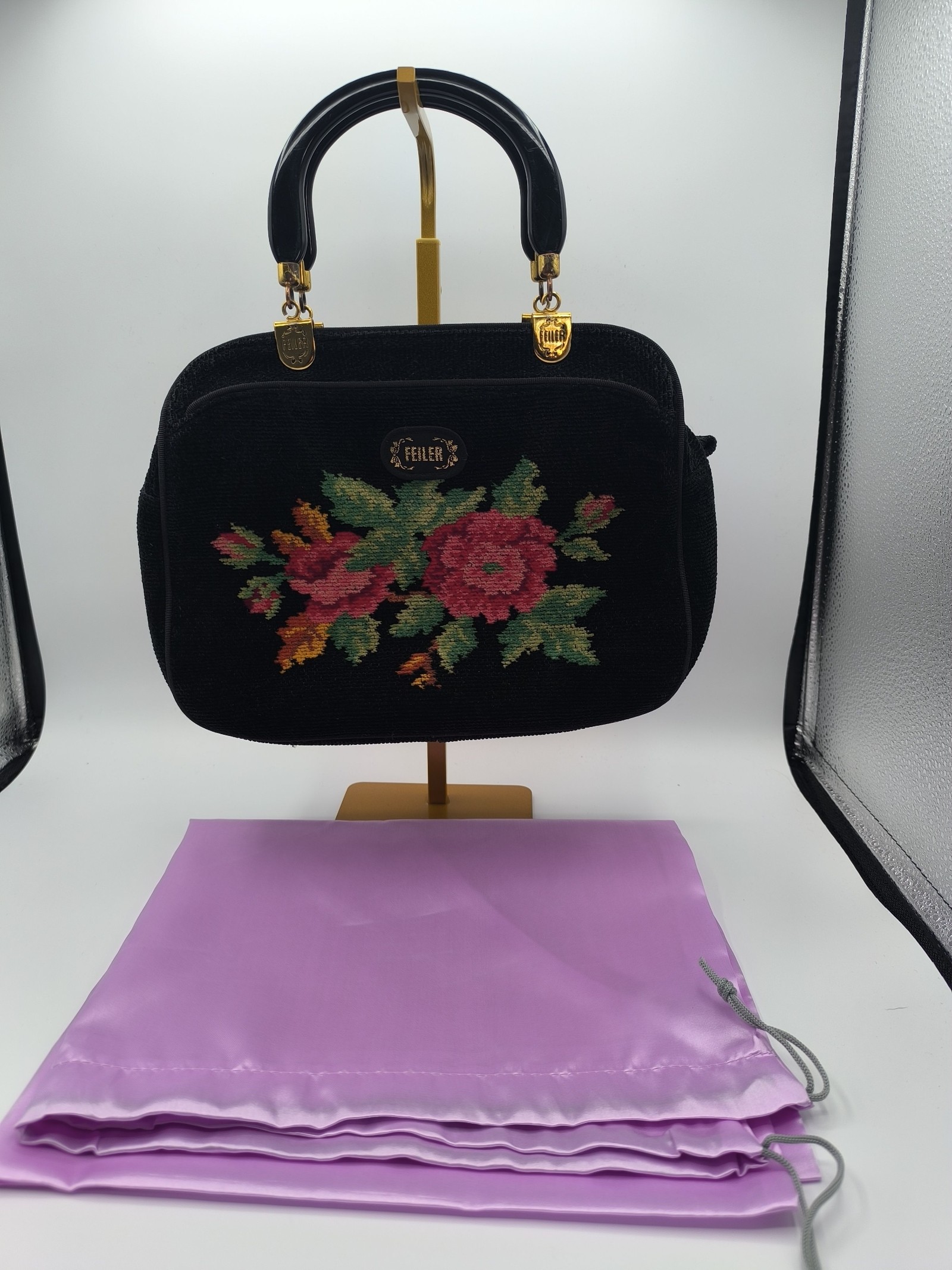 Feiler Black & Multi Floral Embroidered Tapestry Handbag Other