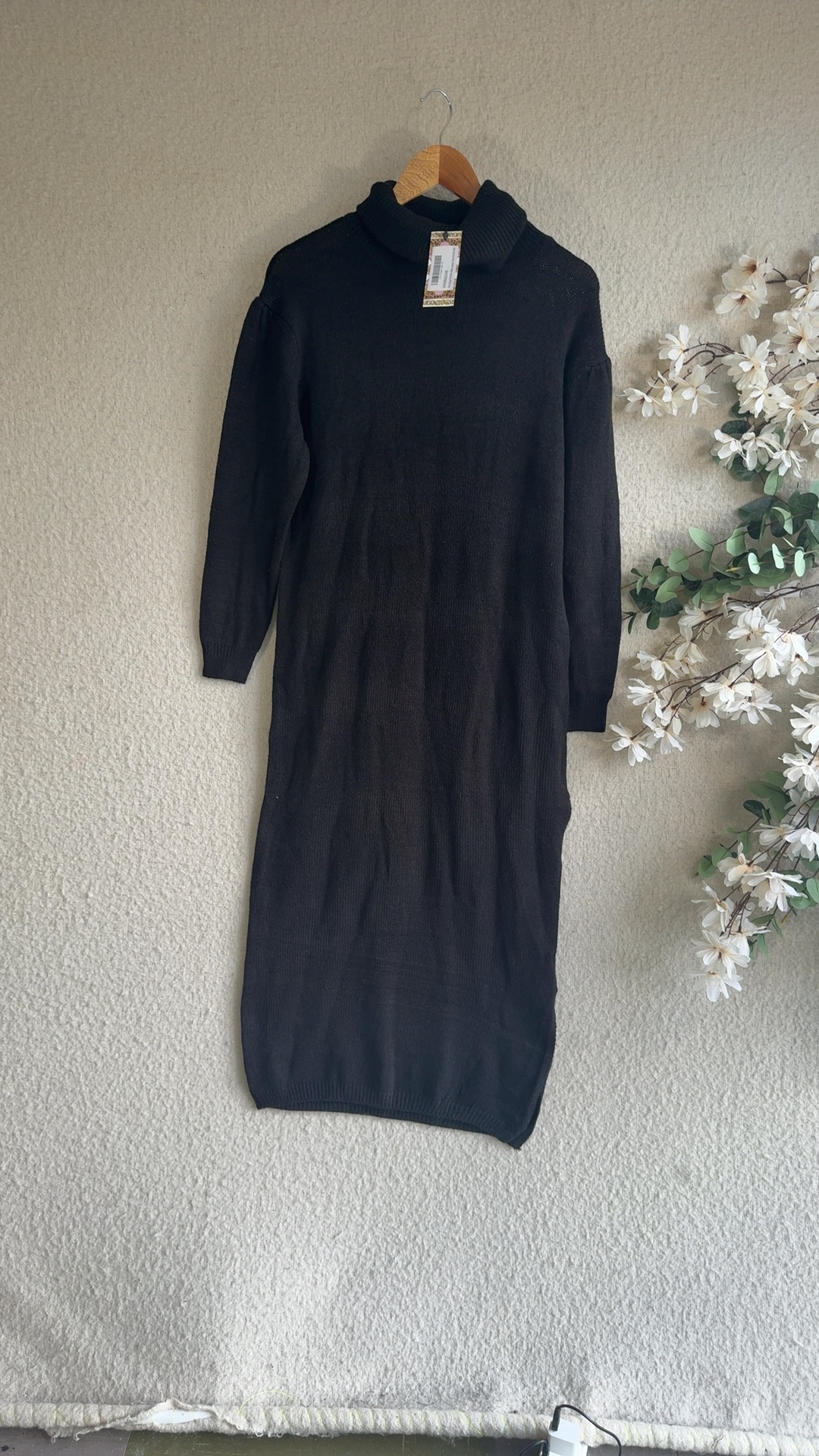 Boohoo Black Knitted Longline Dress UK M/L Acrylic Blend Cozy Style
