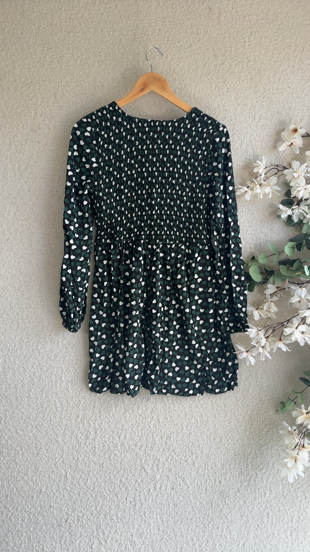 Dorothy Perkins Green & White Heart Print Smocked Dress UK 14 Casual Chic image 5