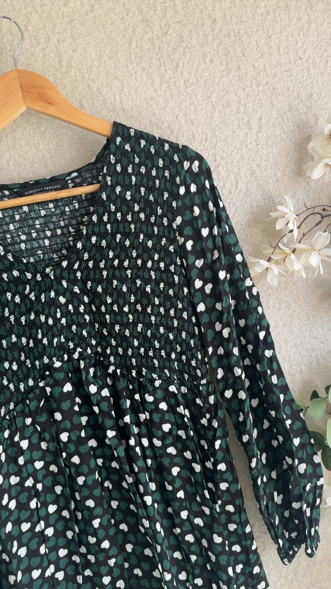 Dorothy Perkins Green & White Heart Print Smocked Dress UK 14 Casual Chic image 3