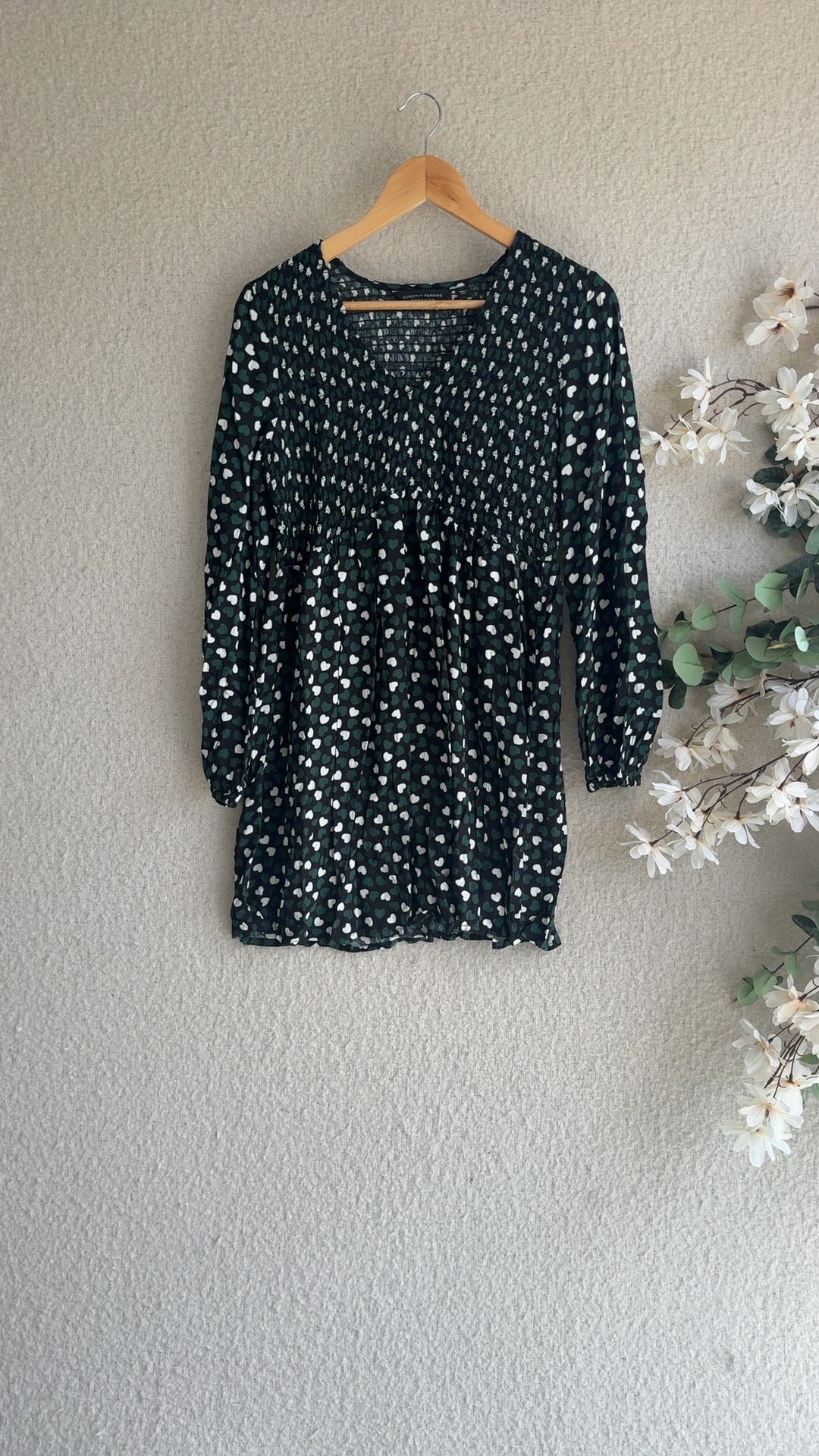 Dorothy Perkins Green & White Heart Print Smocked Dress UK 14 Casual Chic