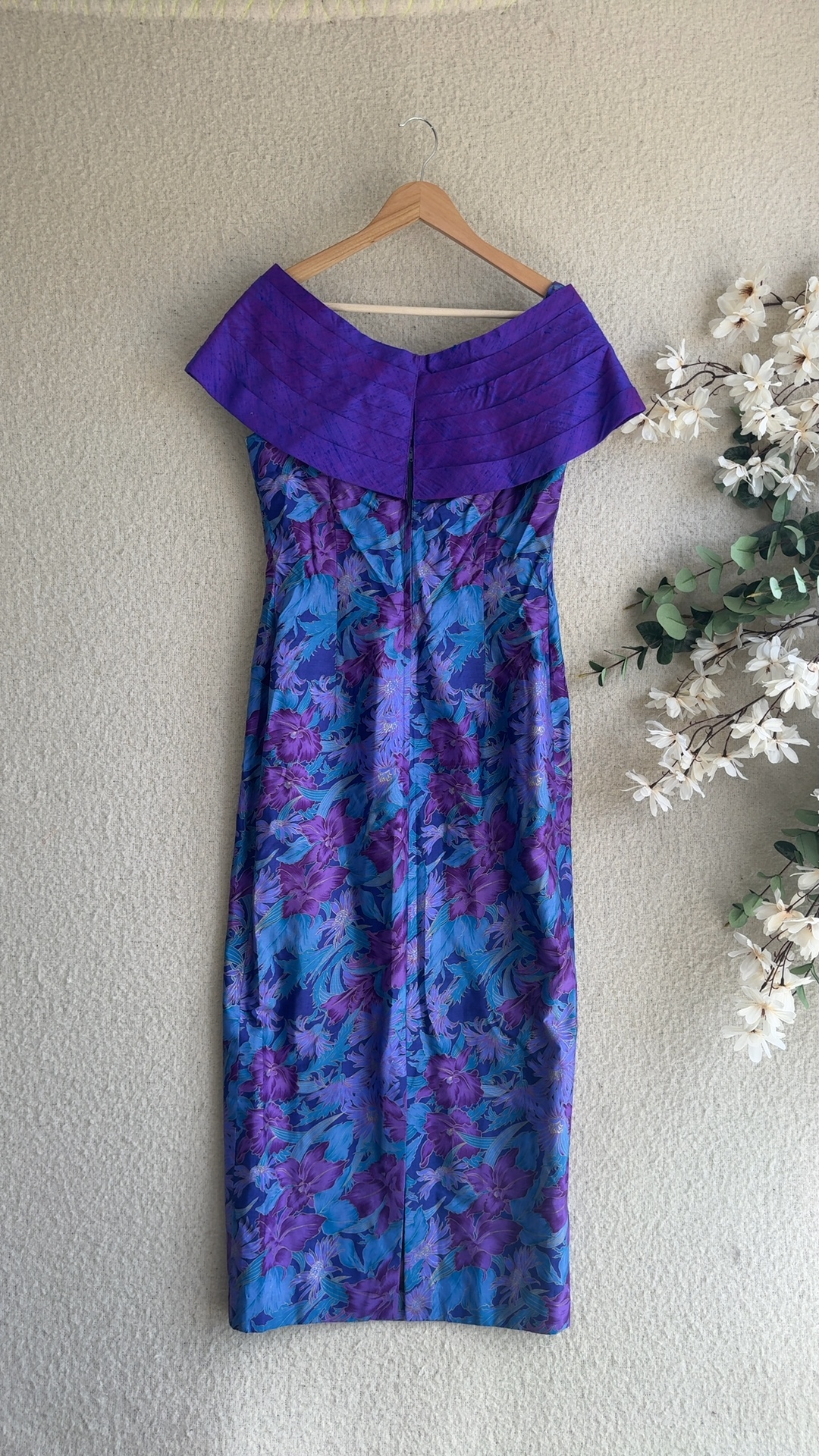 Elegant Purple & Blue Floral Silk Off-Shoulder Dress UK 10 Classic Occasion Wear image 3