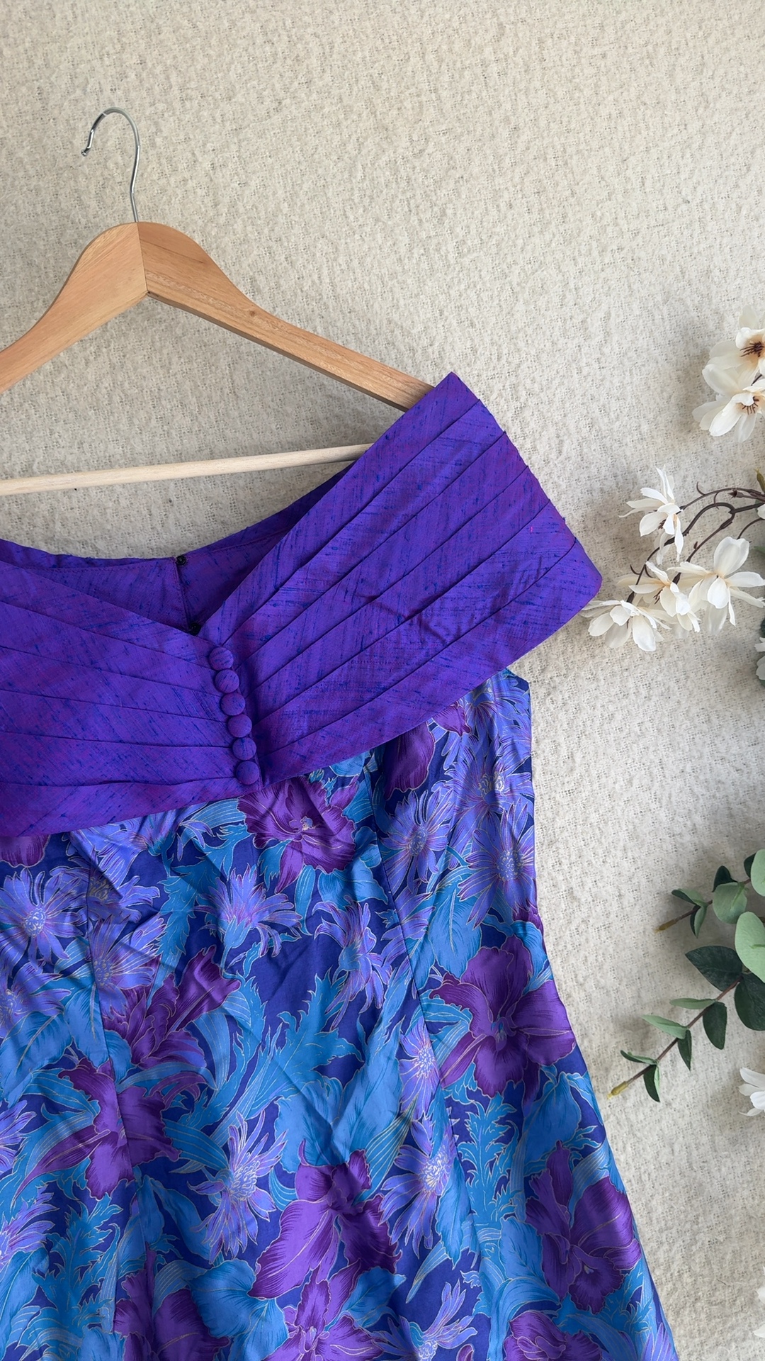 Elegant Purple & Blue Floral Silk Off-Shoulder Dress UK 10 Classic Occasion Wear image 2