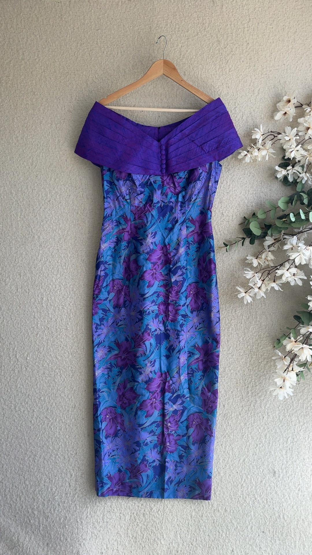 Elegant Purple & Blue Floral Silk Off-Shoulder Dress UK 10 Classic Occasion Wear