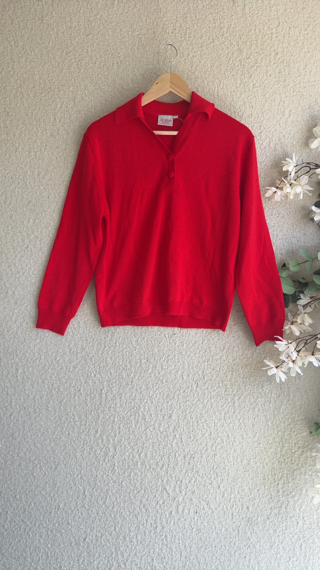 St. Clair Red Wool & Acrylic Polo Collar Knit Sweater Large UK L Stylish Cozy