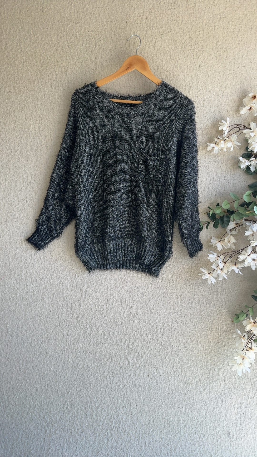 Select Black & Grey Knit Jumper UK 14 Textured Pocket Casual Style