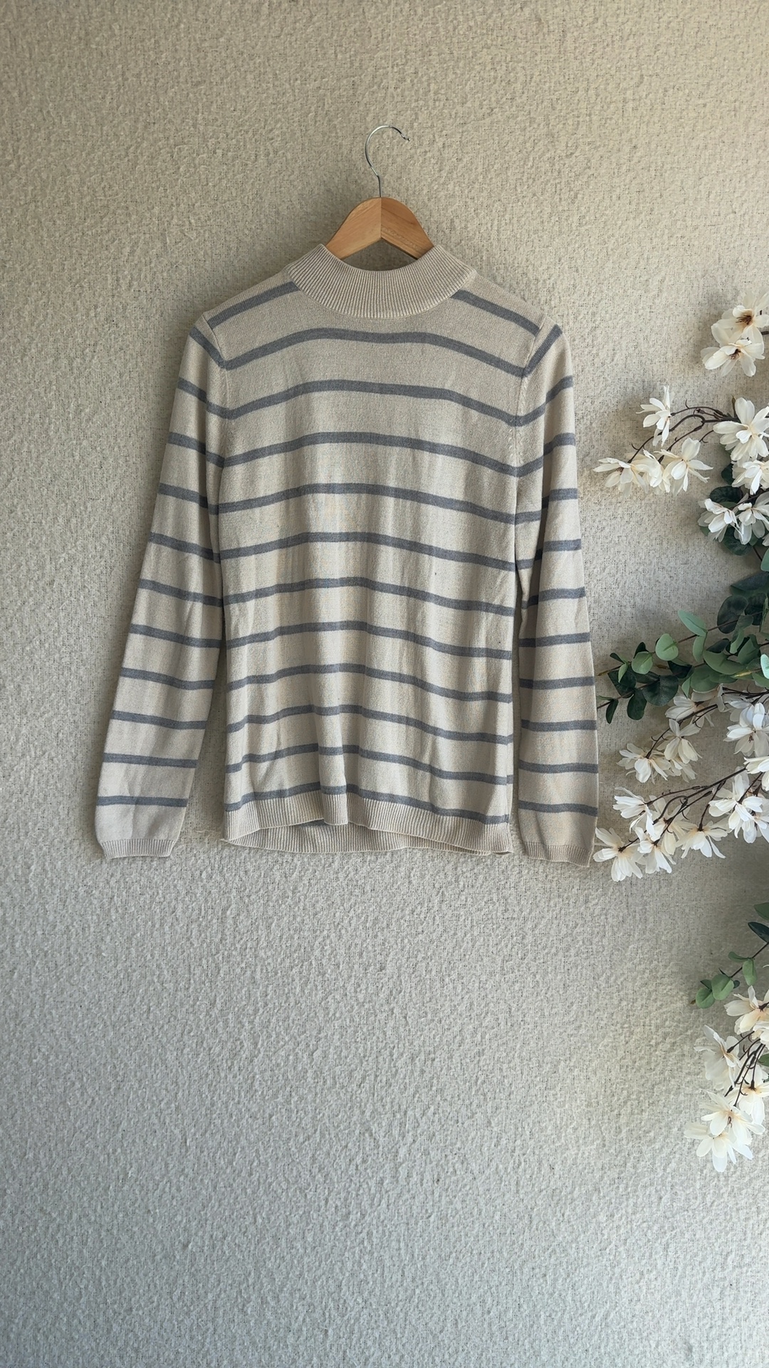 Matalan Beige & Grey Striped Acrylic Knit Jumper UK 14 Classic Casual Sweatshirt image 3