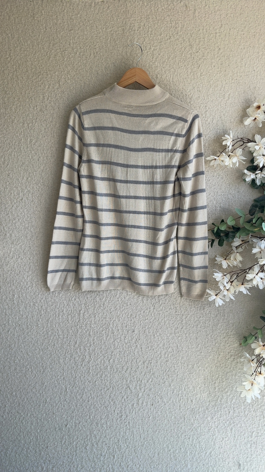 Matalan Beige & Grey Striped Acrylic Knit Jumper UK 14 Classic Casual Sweatshirt