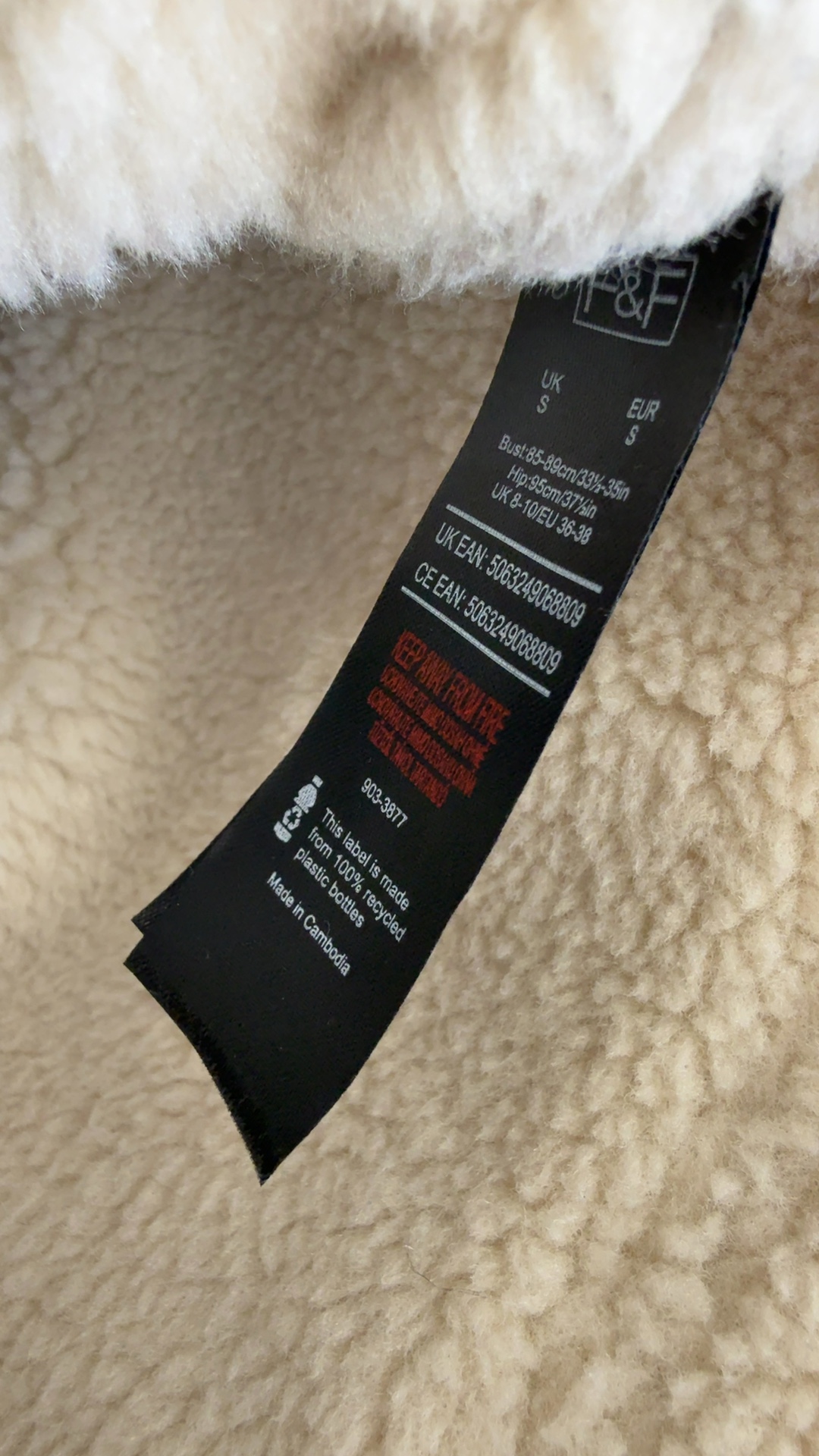 F&F Black Faux Shearling Jacket UK Small Beige Collar & Cuffs Winter Coat image 7