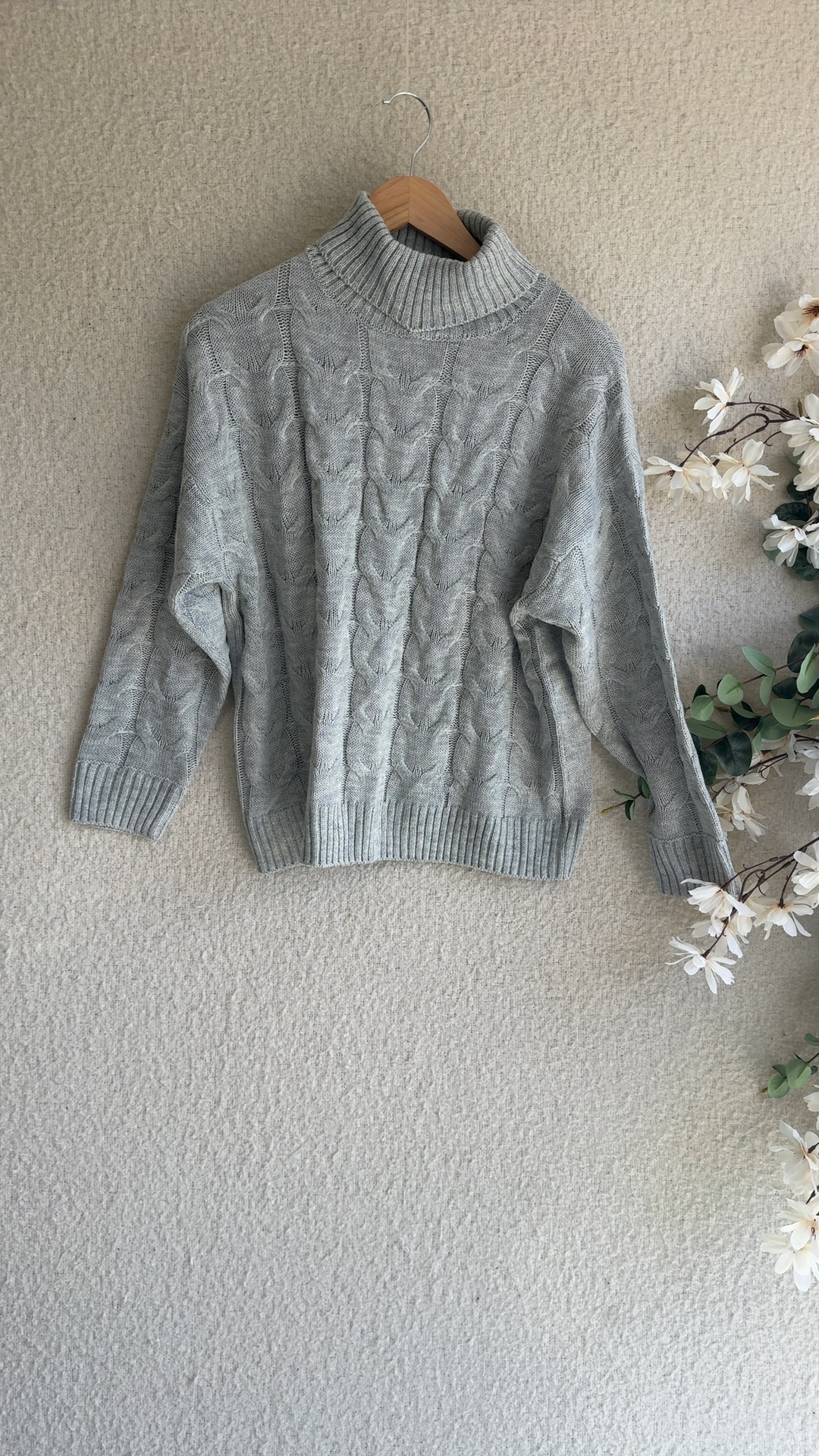 Hepburn Grey Cable Knit Acrylic Turtleneck Sweater UK Small Stylish Fit