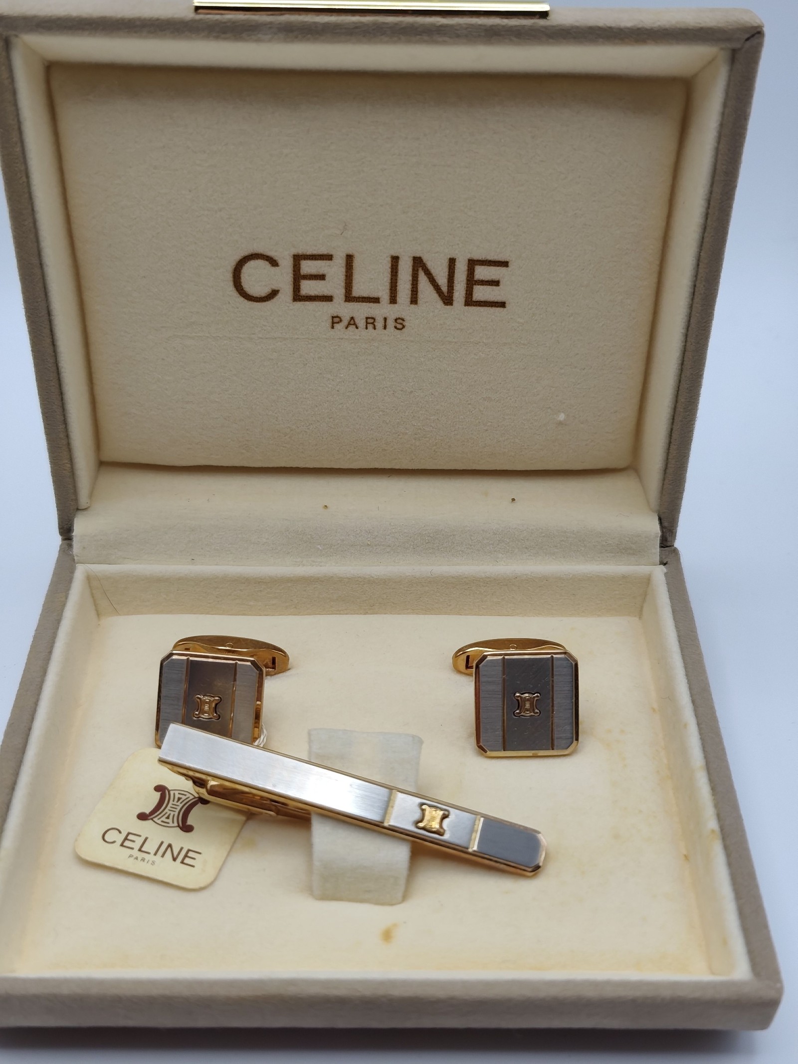 Celine Gold & Silver Tone Tie Clip & Cufflinks Set image 2
