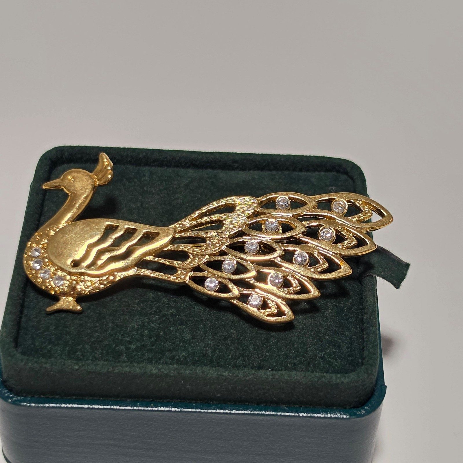 Emma page Gold Tone Peacock Brooch with Clear Rhinestones.b3