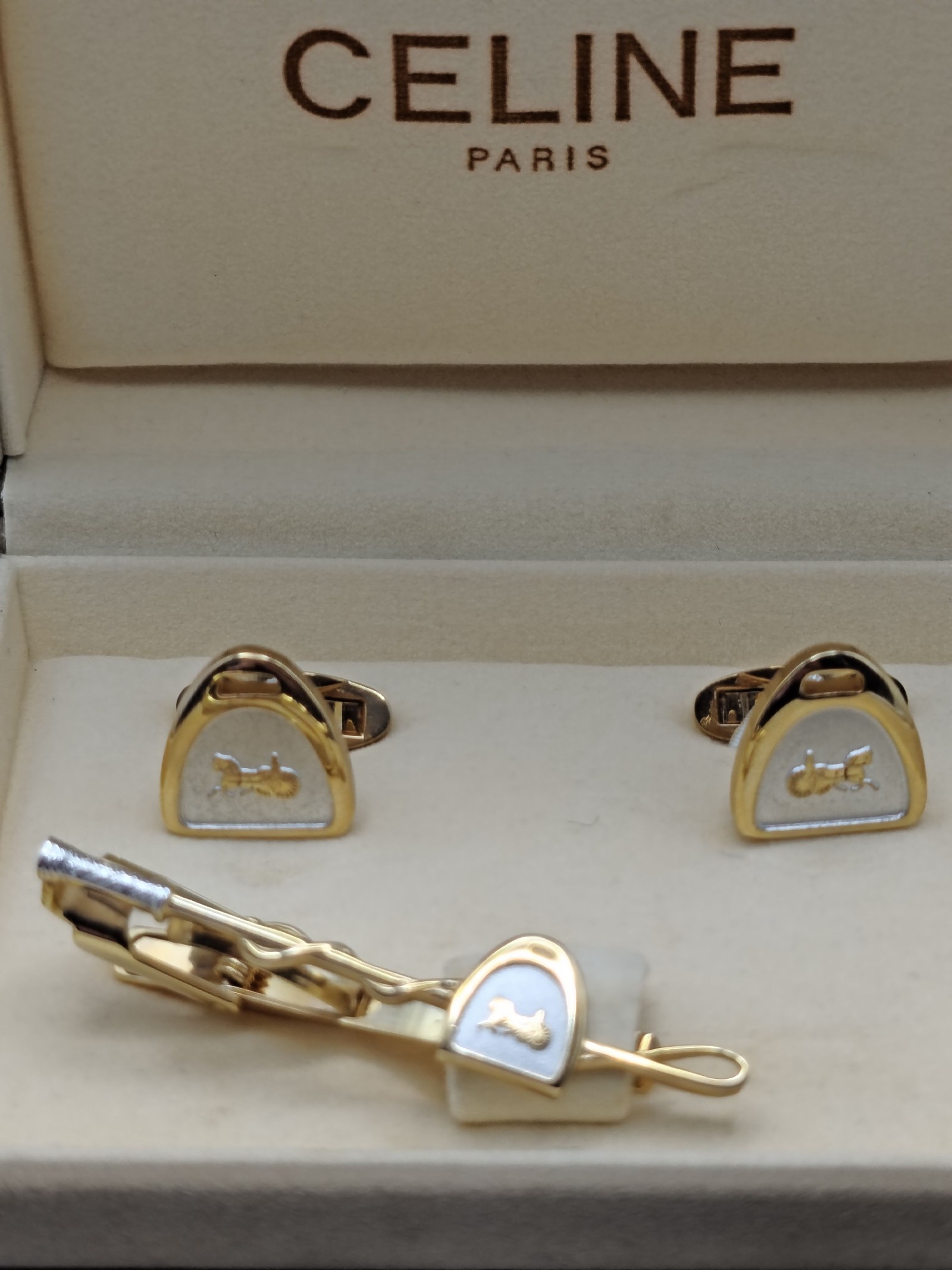 Celine Men Gold & Silver Horse Motif Cufflinks & Tie Clip Set image 2