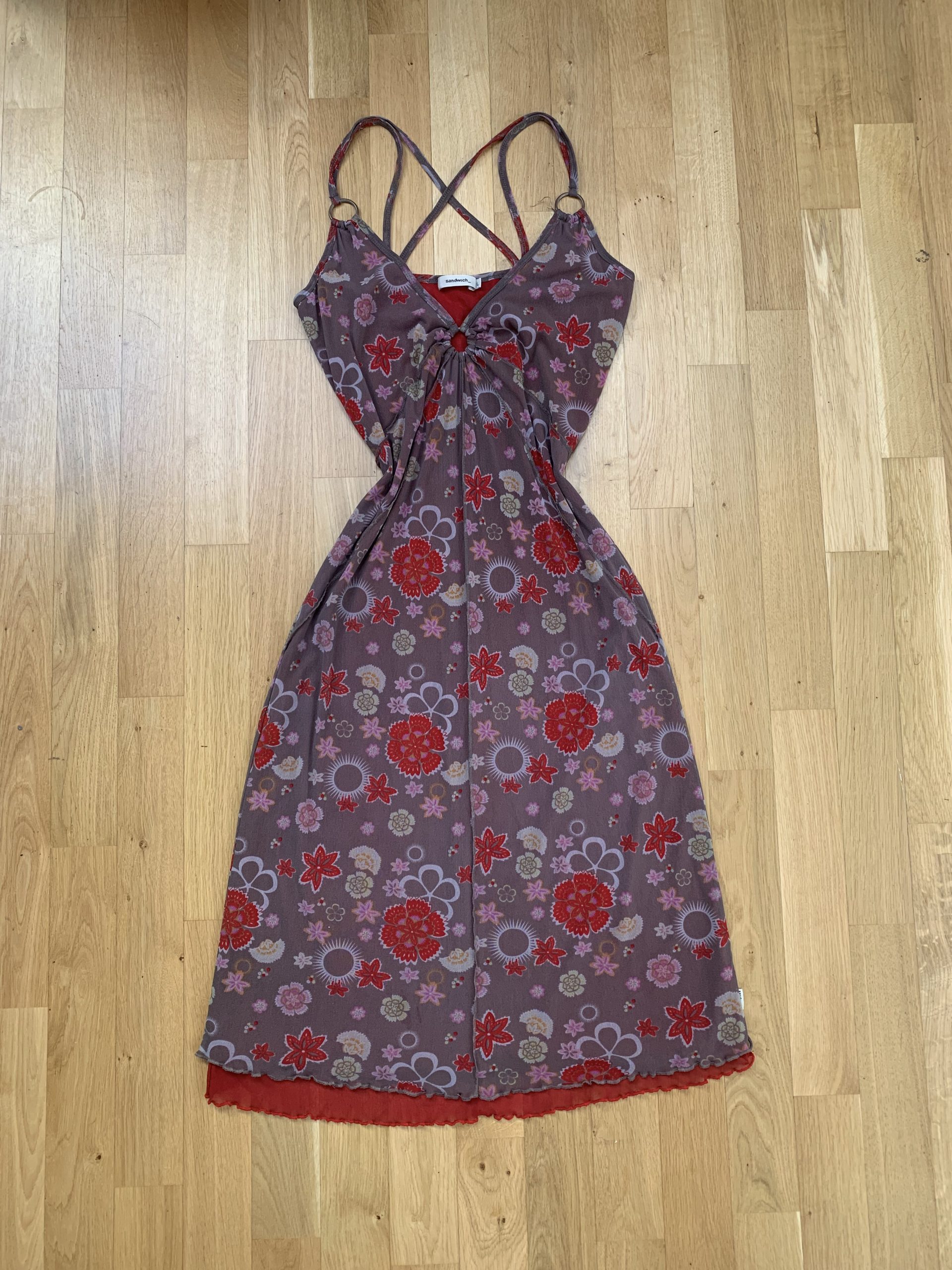 Sandwich Kleid Mesh geblümt rot braun Y2K Trägerkleid