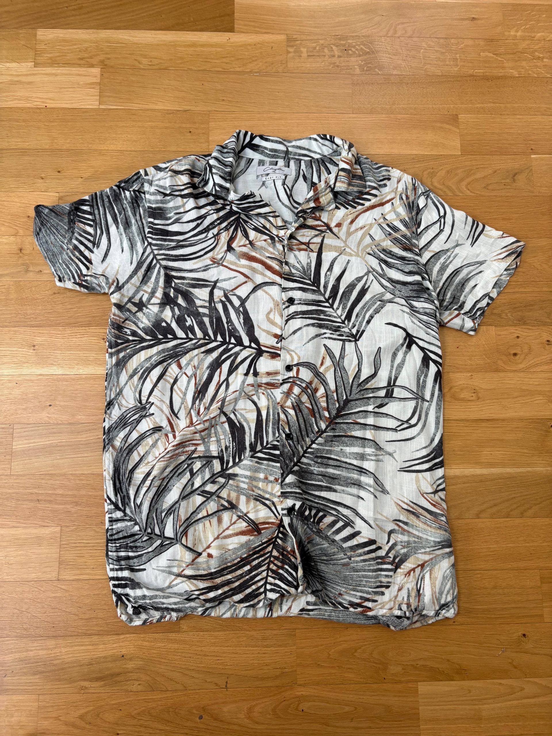 Clayton Hemd Kurzarm Palmenprint Grau Braun Easy Fit M