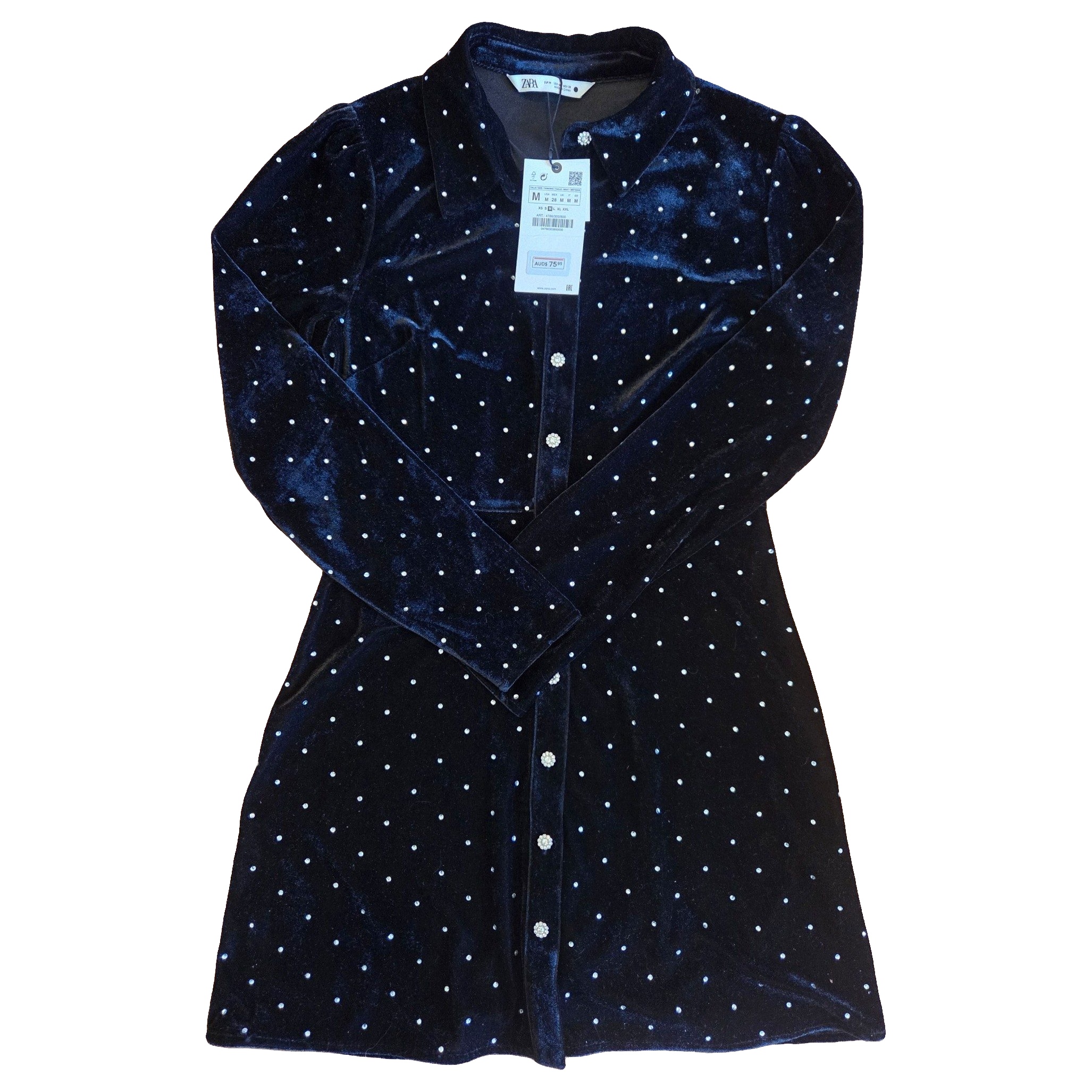 Zara Women's Black Velvet Rhinestone Polka Dot Dress Medium