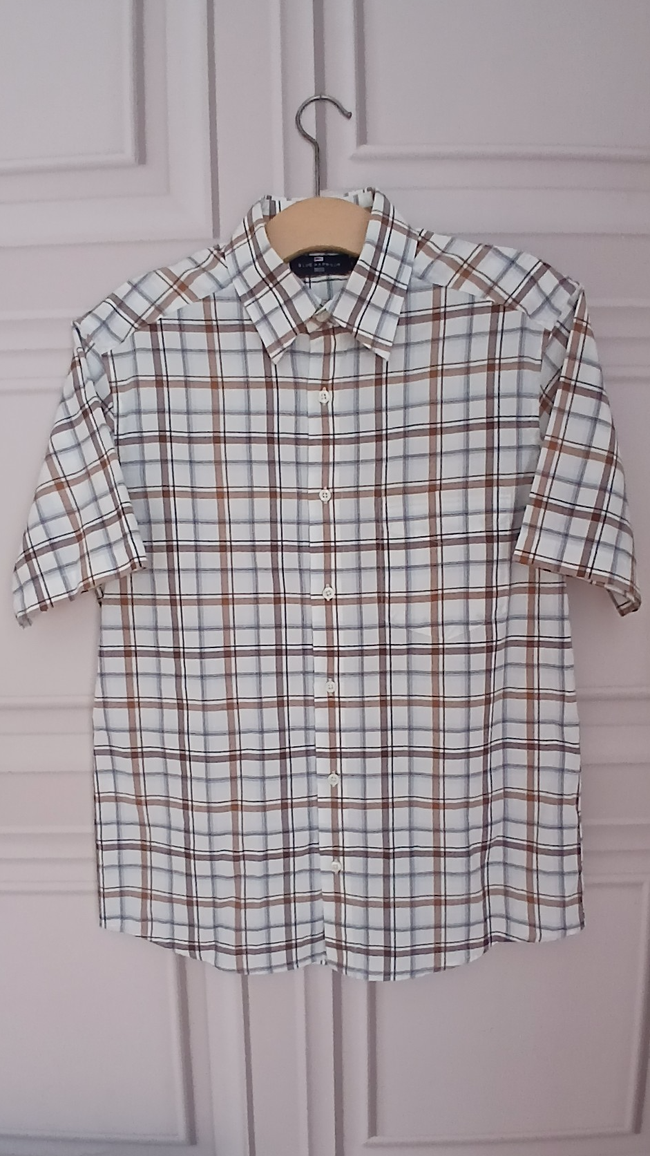 Blue Harbour Brown, Cream & Blue Checked 100% Cotton Short Sleeve Shirt Size S