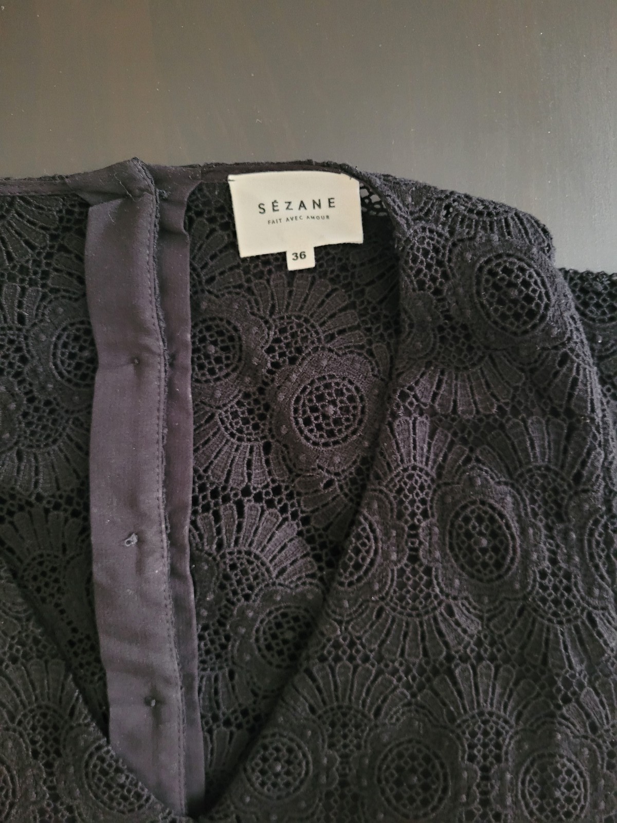 Sezane Women's Black Lace Dress Size 36 Elegant Button Back image 5