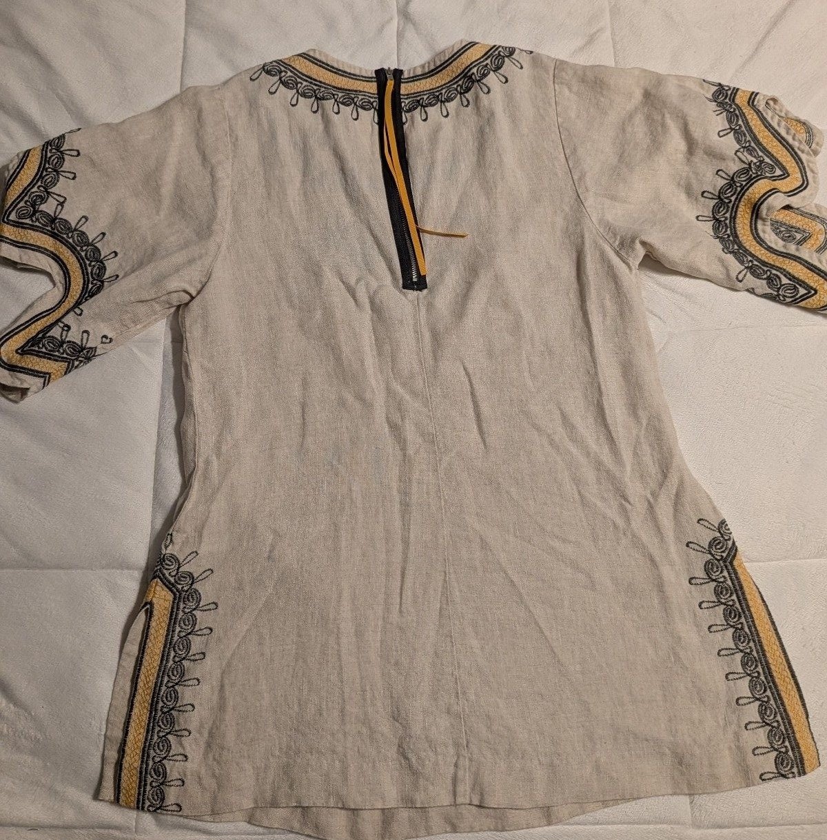 Unbranded Women's Beige Linen Tunic Dress Natural & Black Embroidery One Size