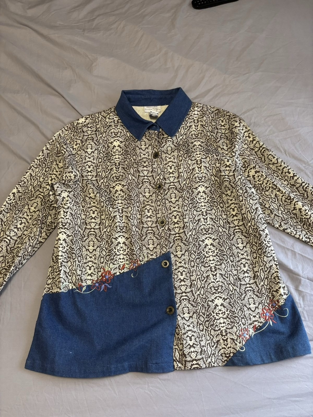 Patchwork Brown & Blue Embroidered Denim Jacket Size IX