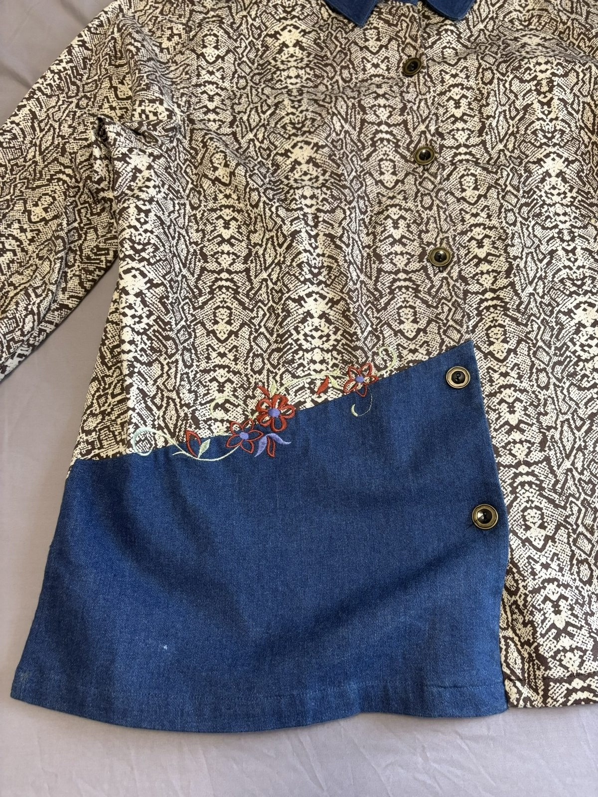 Patchwork Brown & Blue Embroidered Denim Jacket Size IX image 2