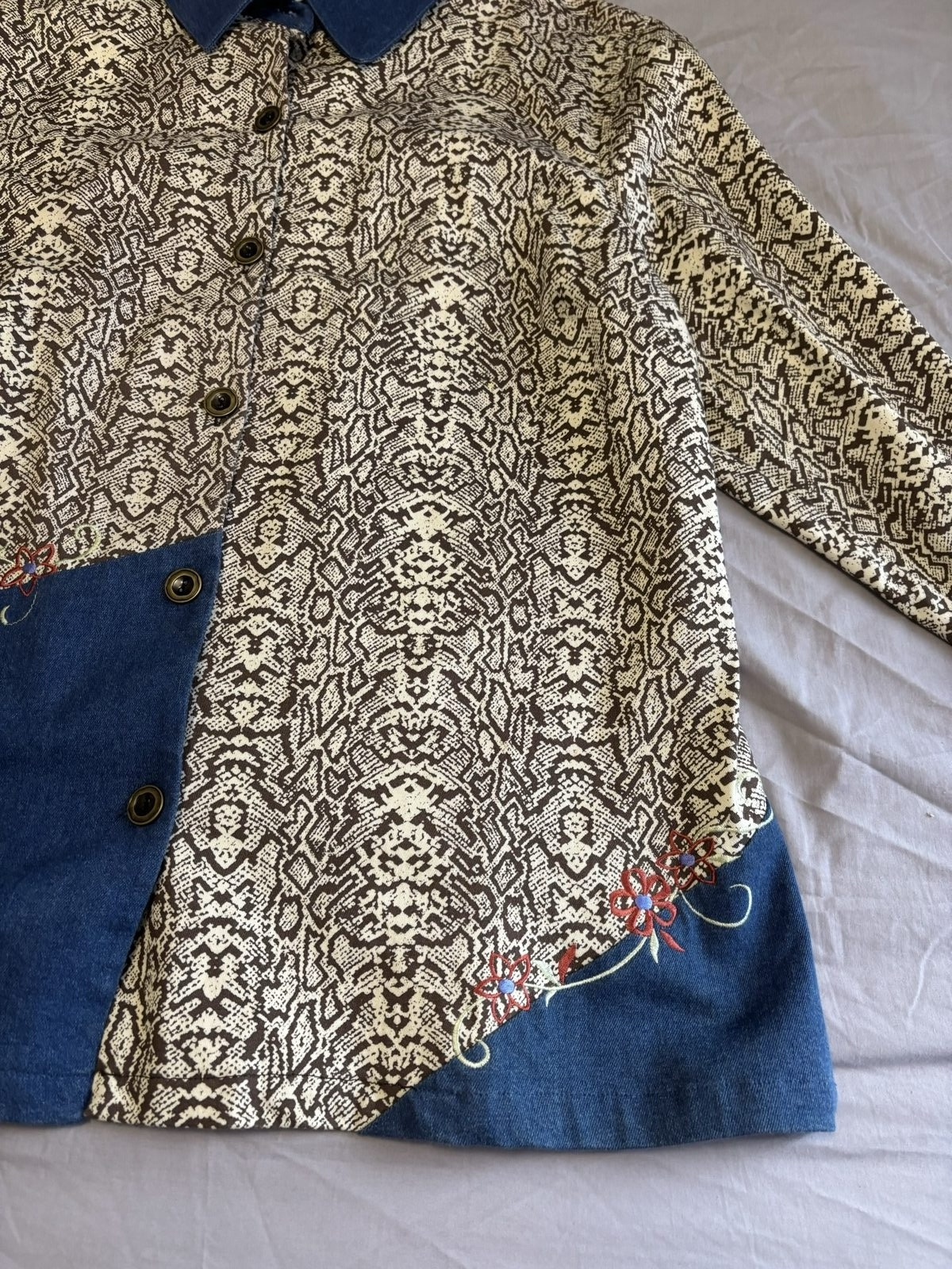 Patchwork Brown & Blue Embroidered Denim Jacket Size IX image 3