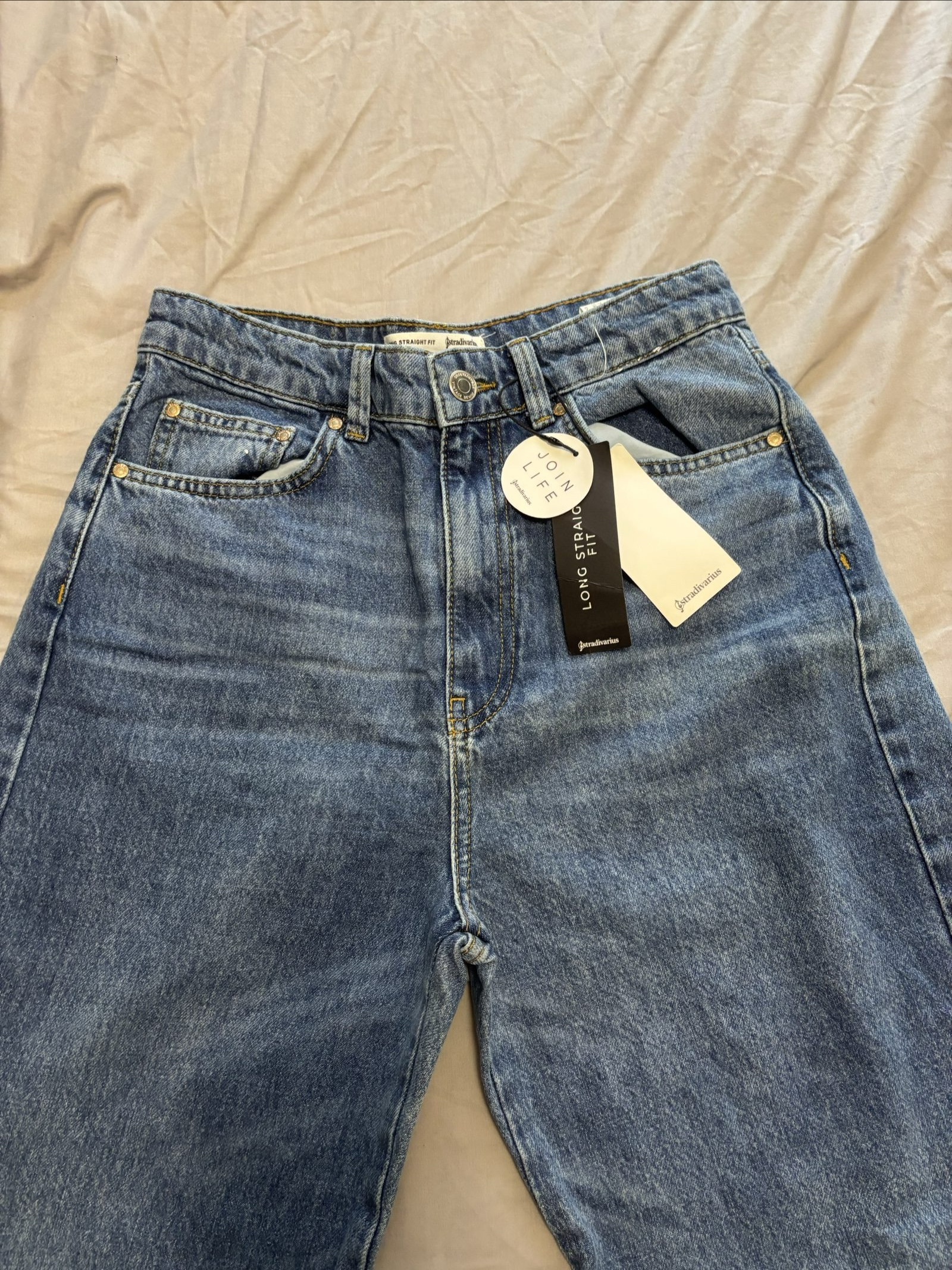 Stradivarius Blue Denim Long Straight Fit Jeans UK 12 image 2