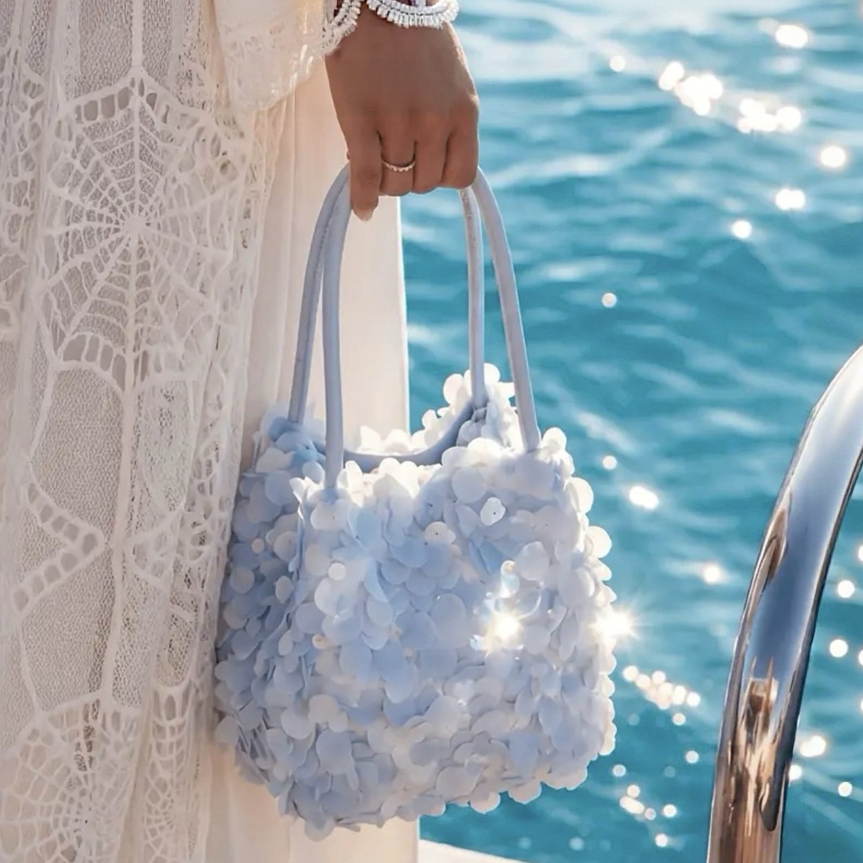 Coastal Summer Sequin Structured Shoulder Bag Light Blue Luxe Statement Cocktail Party