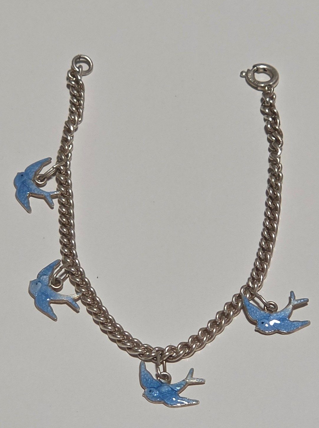 Vintage sterling Silver Blue Bird Charm Bracelet .b6