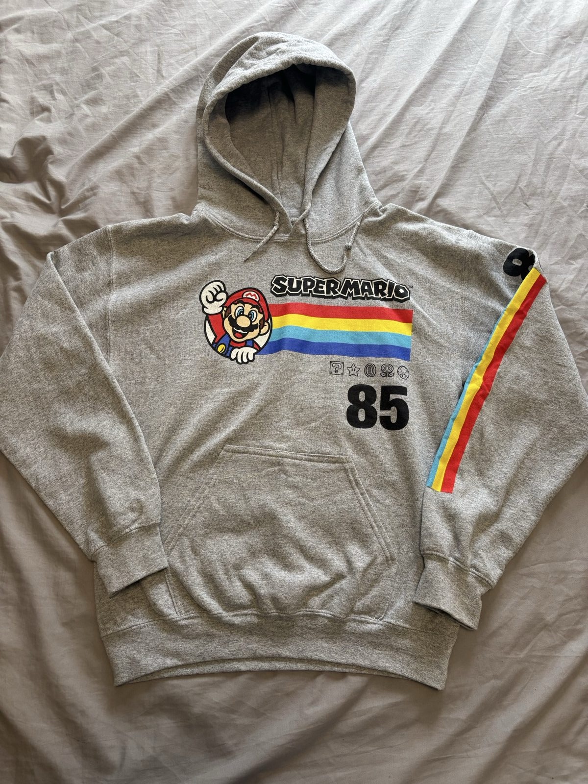 Super Mario Grey Cotton Hoodie Small Rainbow