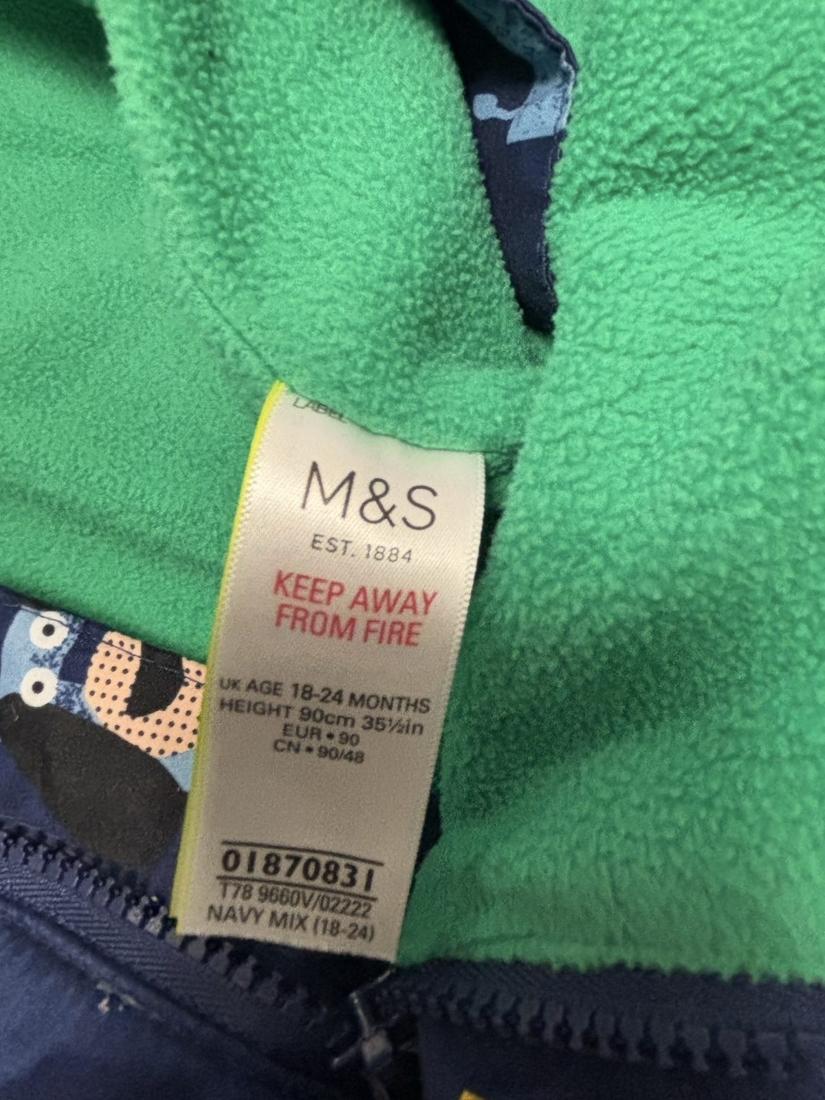 M&S Baby Navy Animal Print Fleece Lined Jumpsuit 18-24 image 5