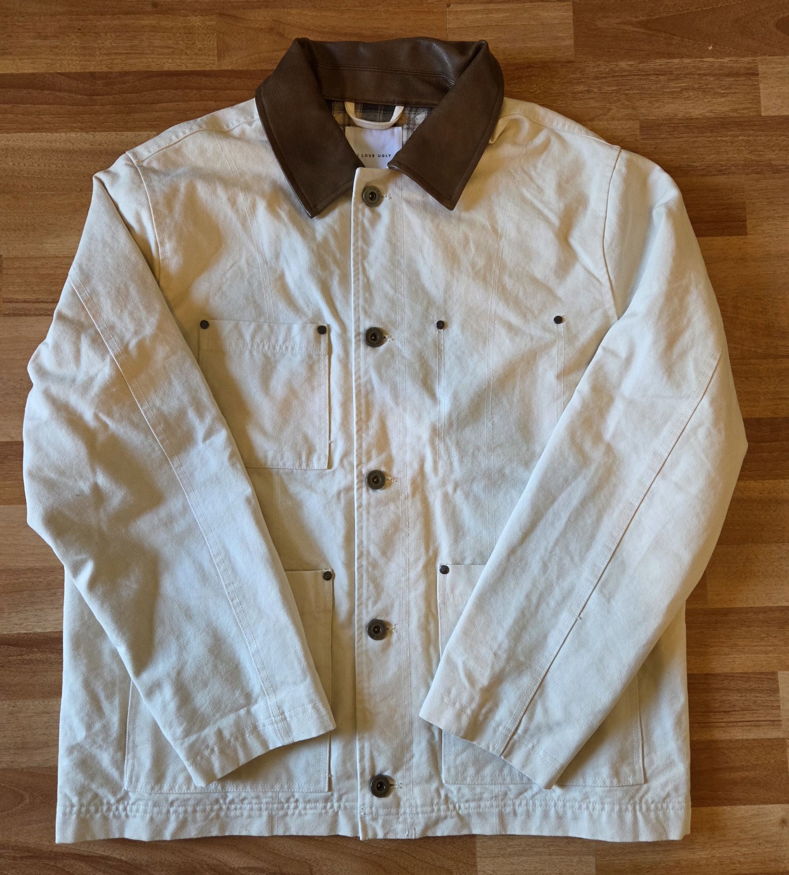 I Love Ugly Men's Beige & Brown Canvas Jacket Large Leather Collar