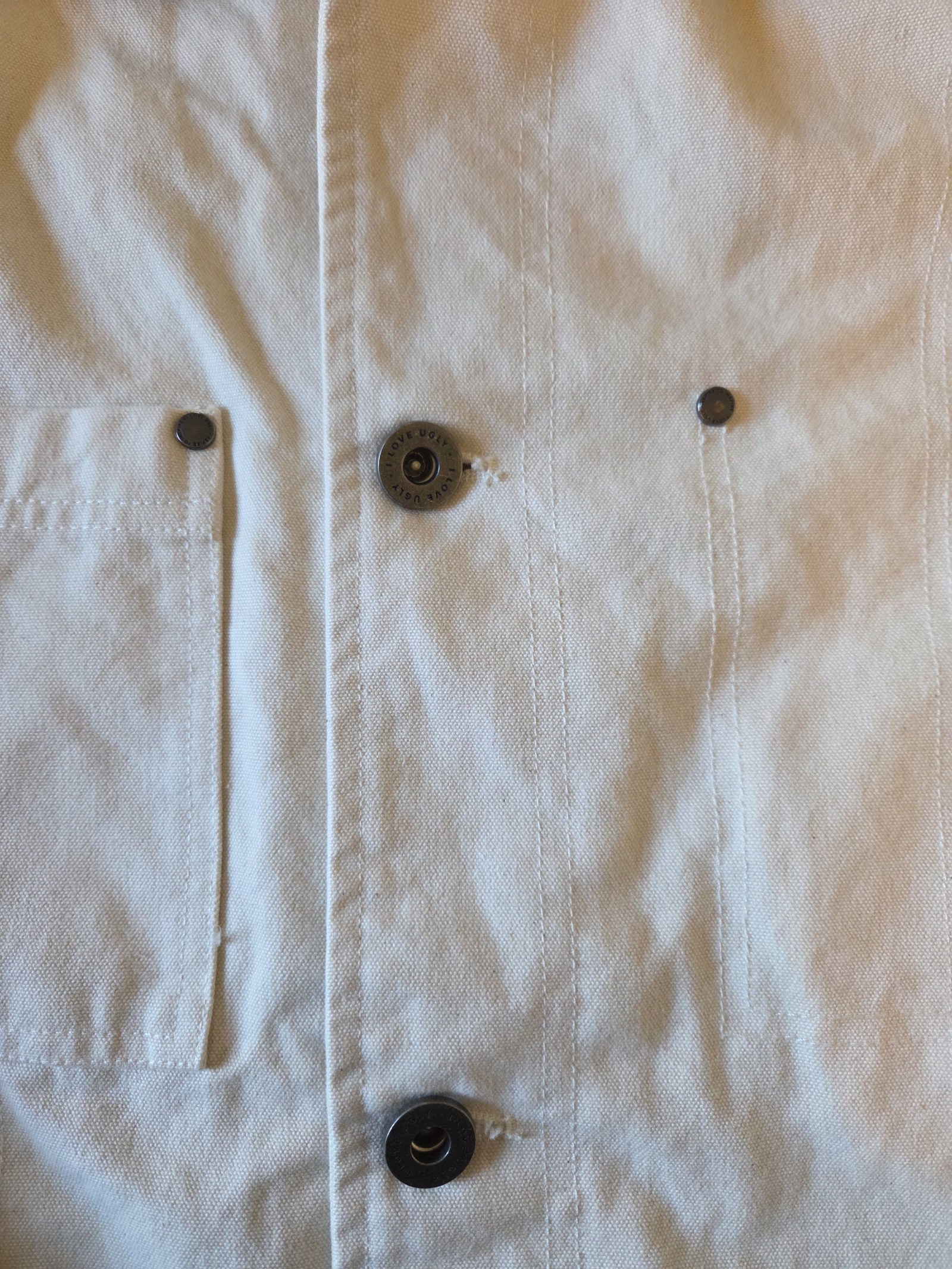 I Love Ugly Men's Beige & Brown Canvas Jacket Large Leather Collar image 3
