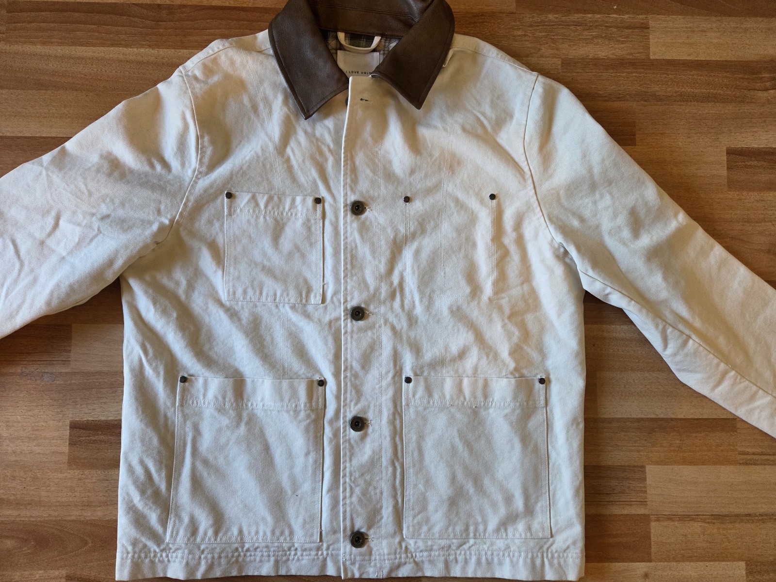 I Love Ugly Men's Beige & Brown Canvas Jacket Large Leather Collar image 5