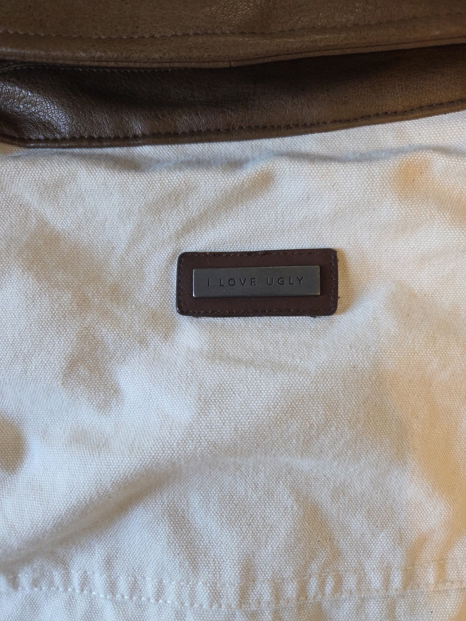 I Love Ugly Men's Beige & Brown Canvas Jacket Large Leather Collar image 7